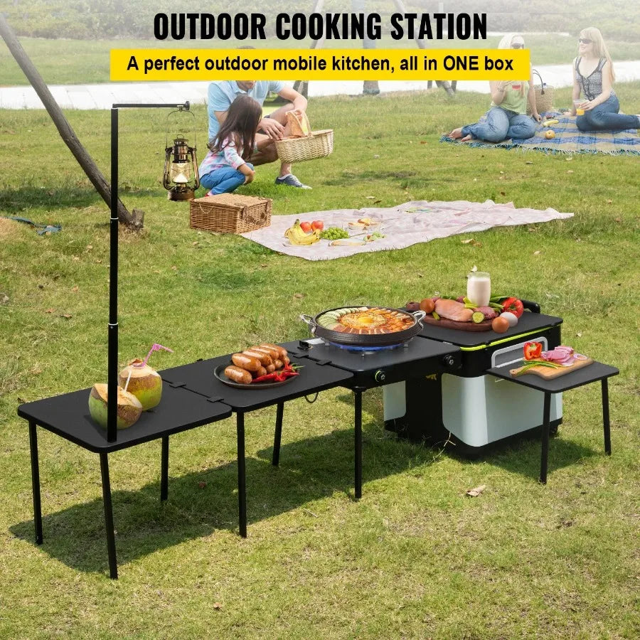 Outdoor Mobile Kitchen Portable Multifunctional Camp Box with Wheels All In One Integrated Cooking Station with Windproof Stove