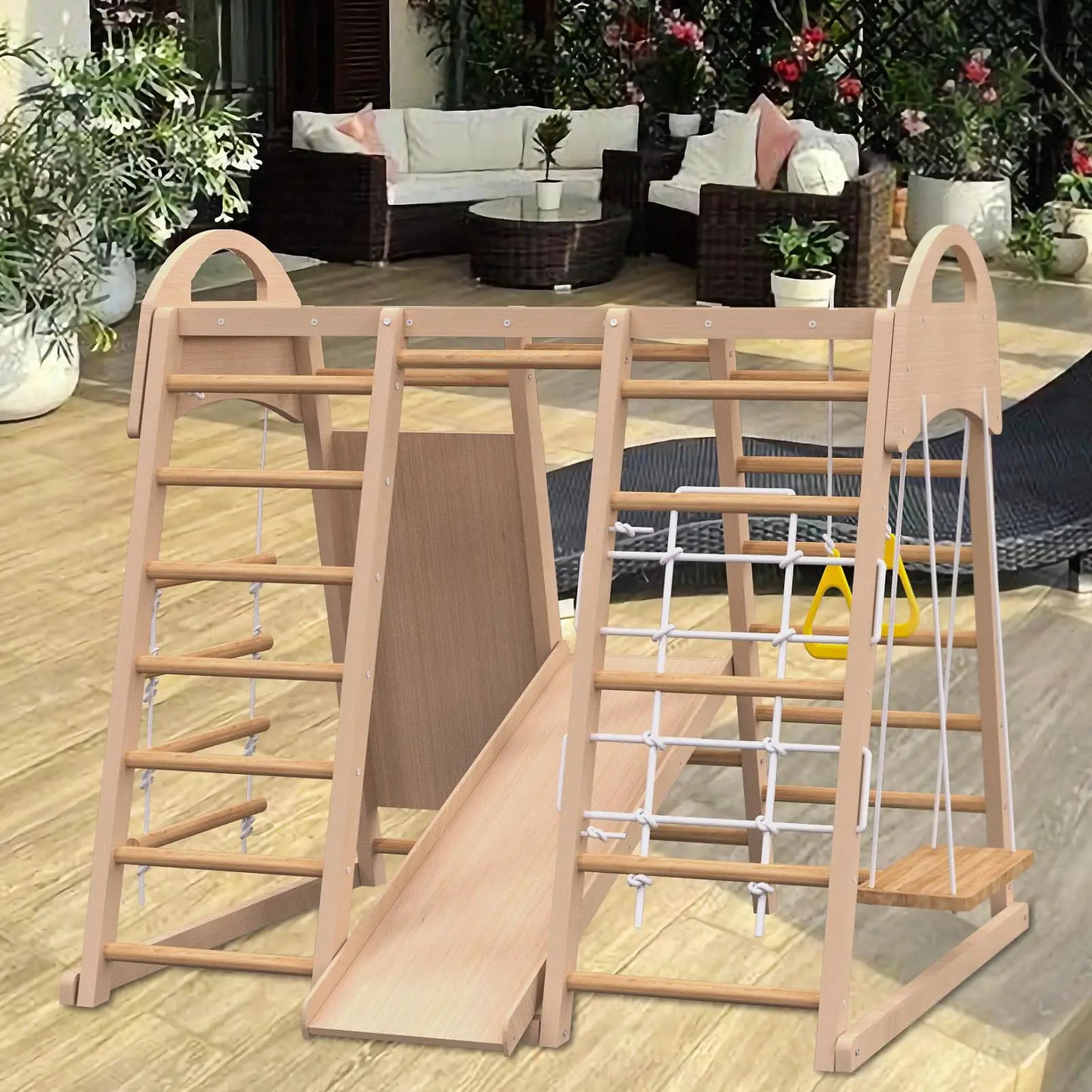 7 in 1 Indoor Jungle Gym Playset for Kids 2 to 6 Years Slide Climbing Wall Swing Monkey Bars Montessori Wooden Playground