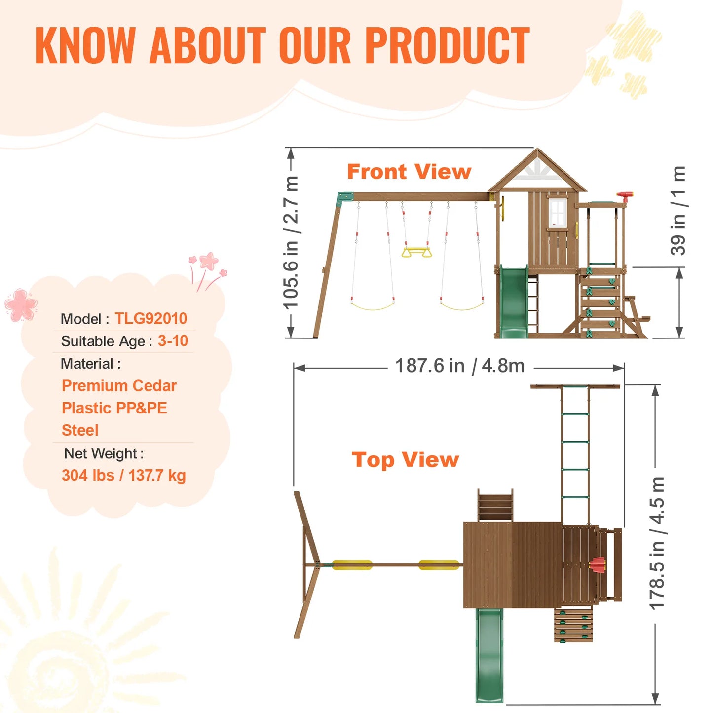 VEVOR Wooden Swing Set 9 in 1 Outdoor Playground Set for Backyards with 2 Swings Trapeze Bar and 6 FT Slide Large Upper Fort