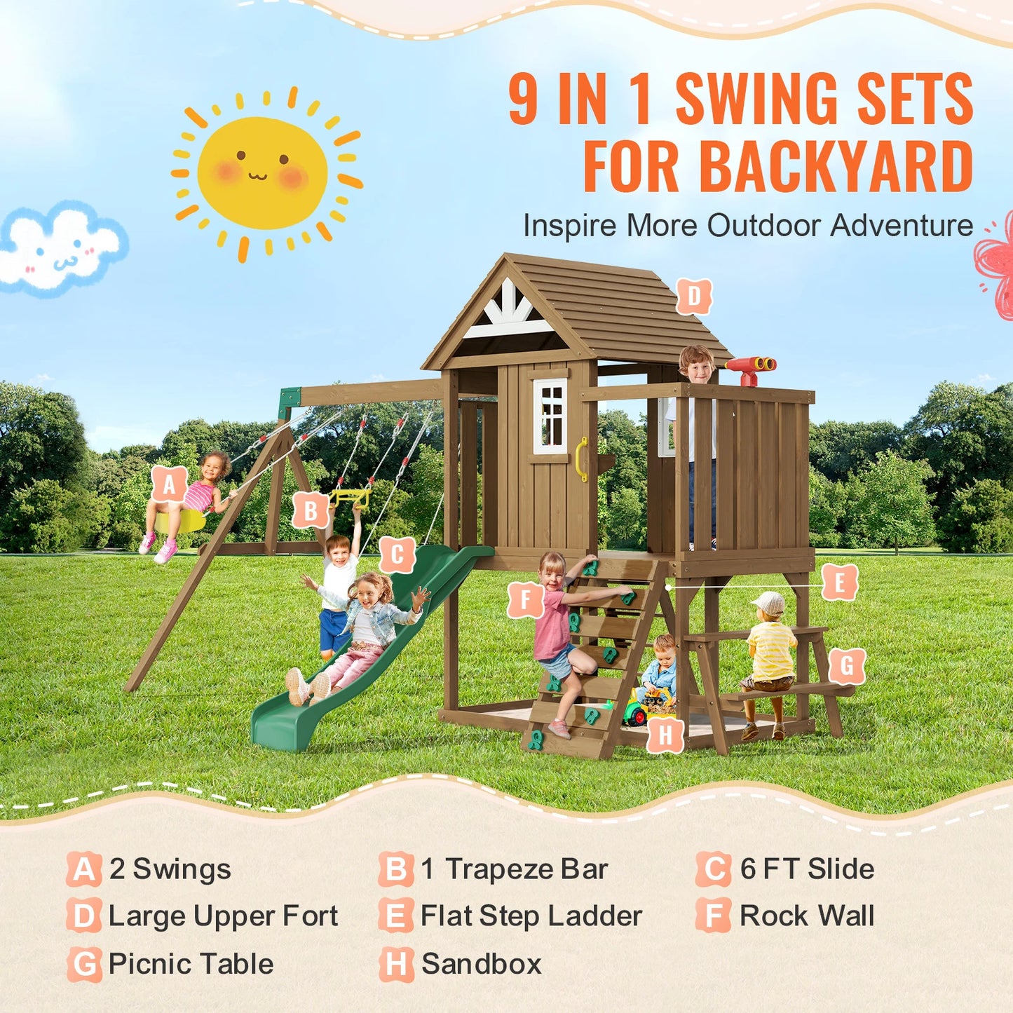 VEVOR Wooden Swing Set 9 in 1 Outdoor Playground Set for Backyards with 2 Swings Trapeze Bar and 6 FT Slide Large Upper Fort