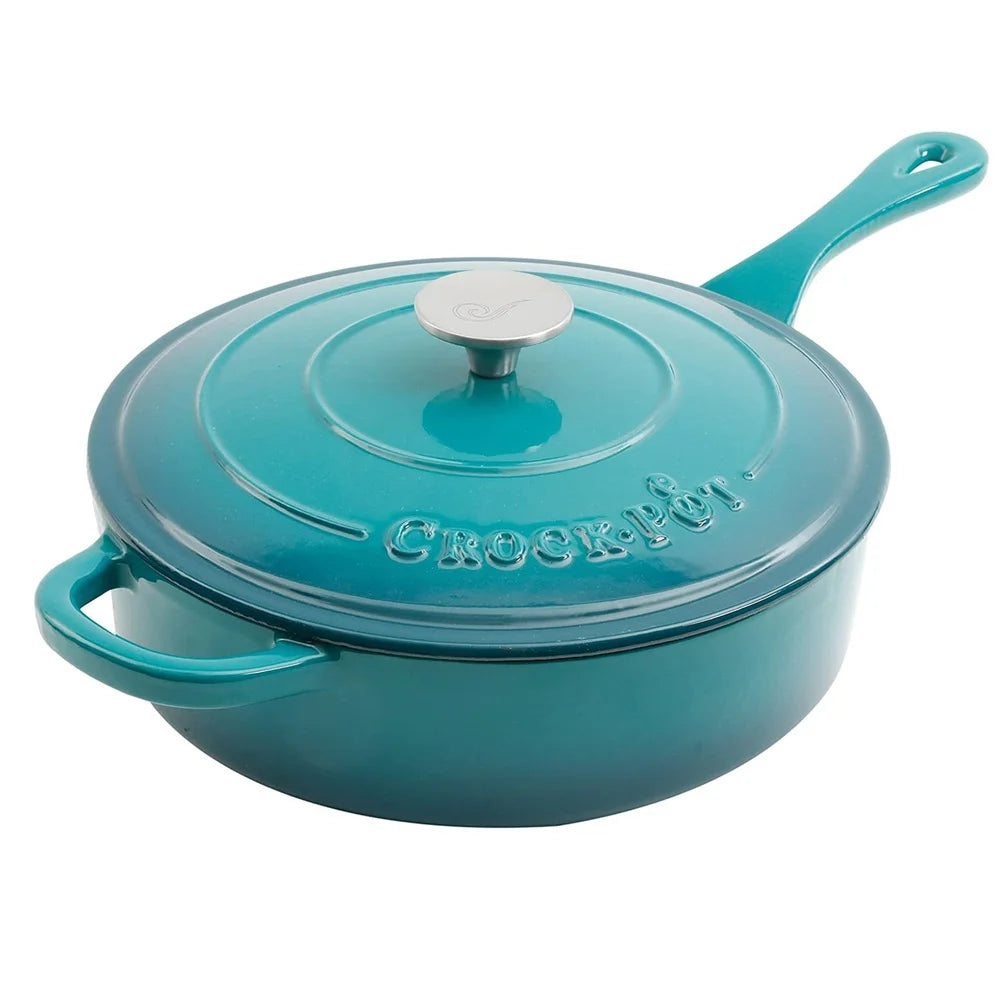Enameled Cast Iron Skillet with Matching Lid Nonstick Rust Proof Heavy Duty Cooking Pan Easy Handling Handwash Safe