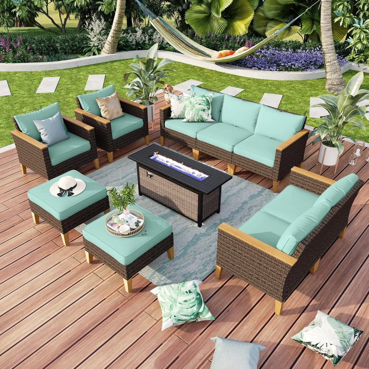 9 Piece Wicker Patio Furniture Set with 56 Inch Fire Pit Table All Weather PE Rattan Sectional Sofa Conversation Set