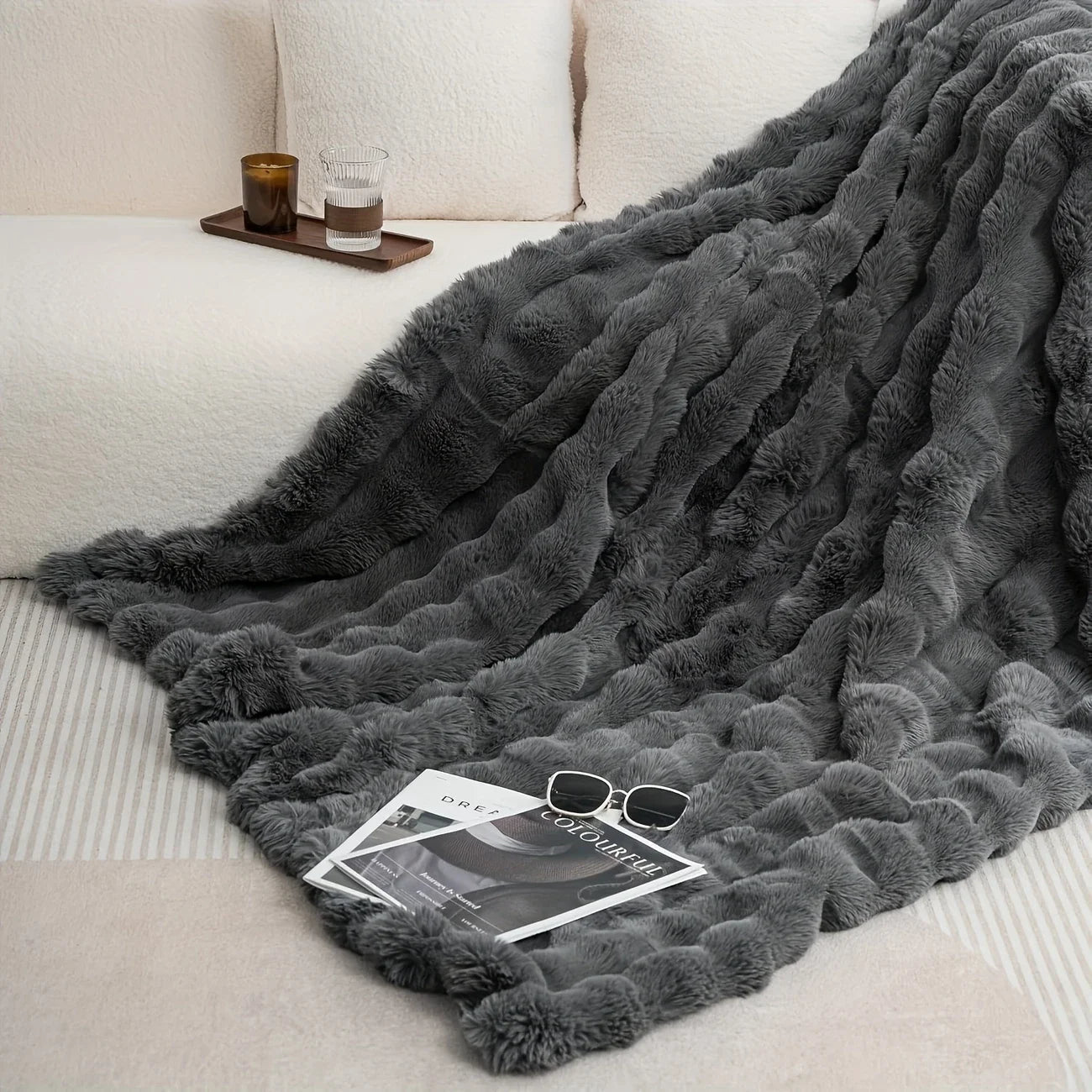 Cozy Faux Rabbit Fleece Blanket Throw For Living Room
