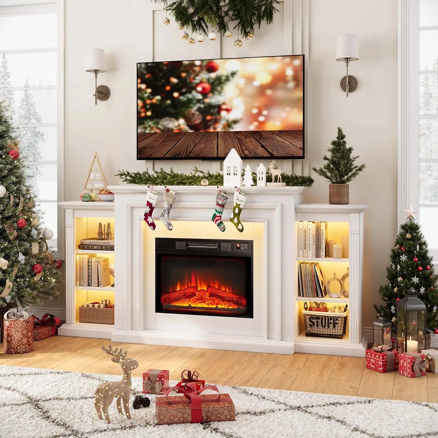 72 Inch LED Lights Electric Fireplace with Mantel Remote Control and Three Dimensional Molding for Living Room