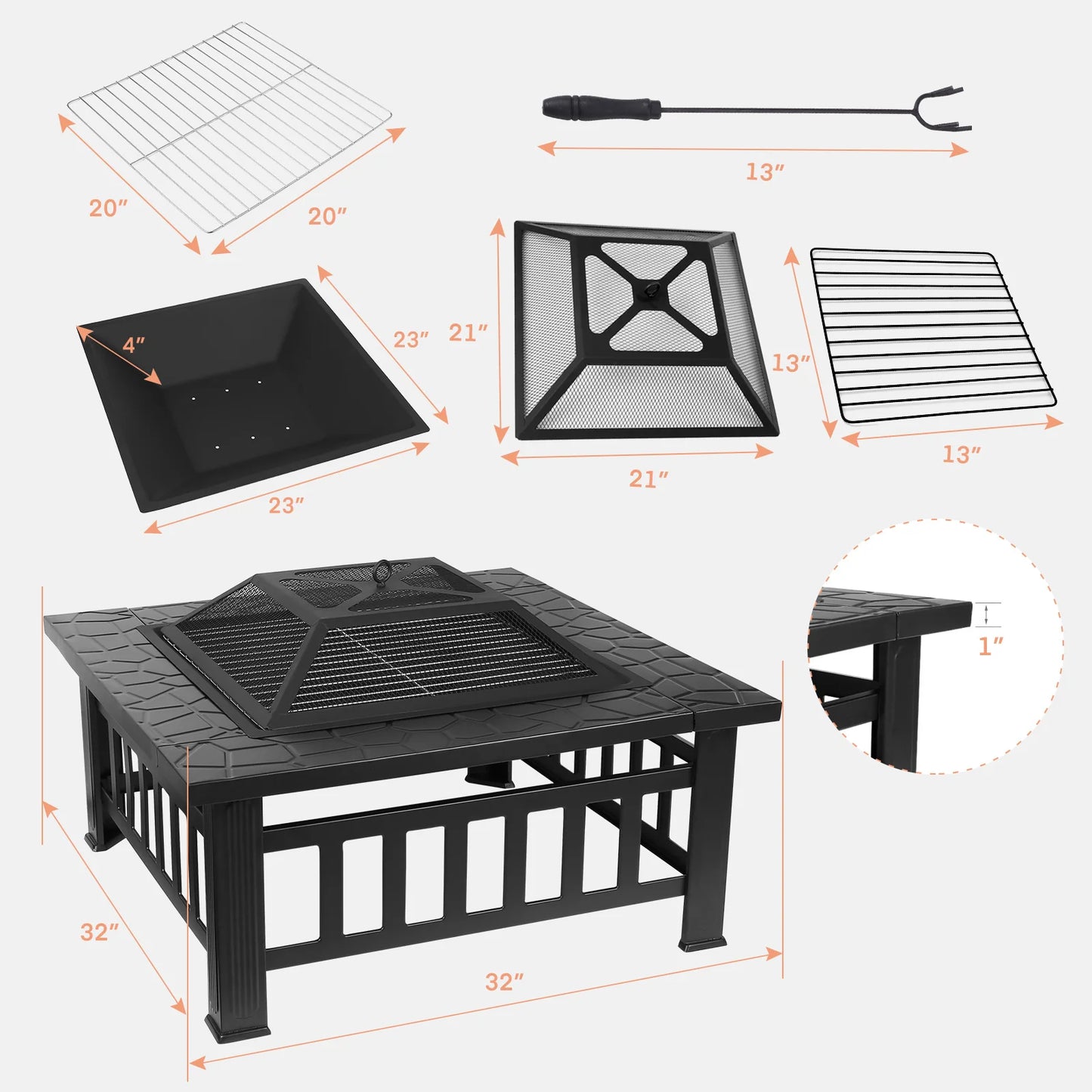 AOOU Steel 32 Inch Square Wood Burning Fire Pit Table Outdoor Patio Firepit Bonfire Party