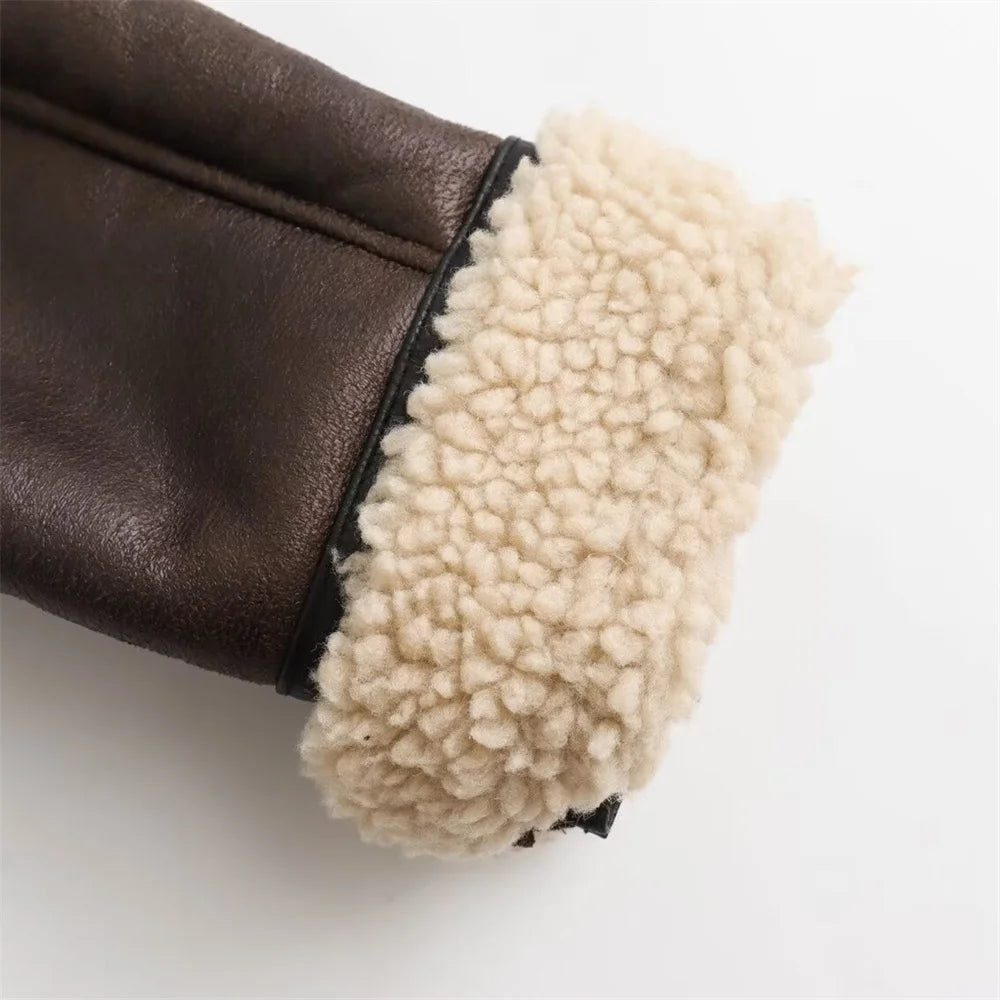 2024 Autumn Winter Womens Flip Collar Fur Pockets Jacket Coat