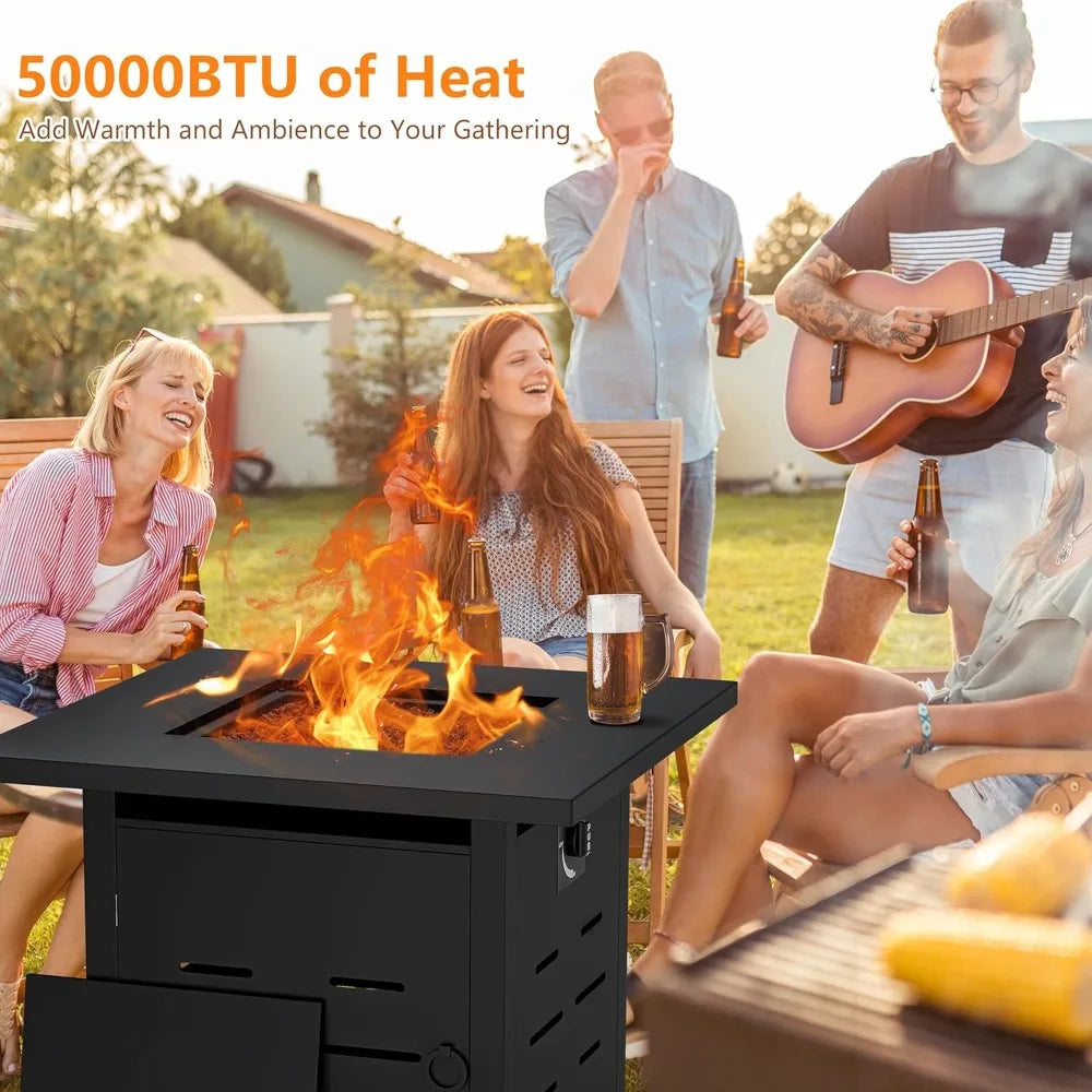 28 Inch 2 In 1 Propane Fire Pit Table 50000 BTU Gas Fire Pit with Lid and Lava Rock Outdoor Patio Fire Table