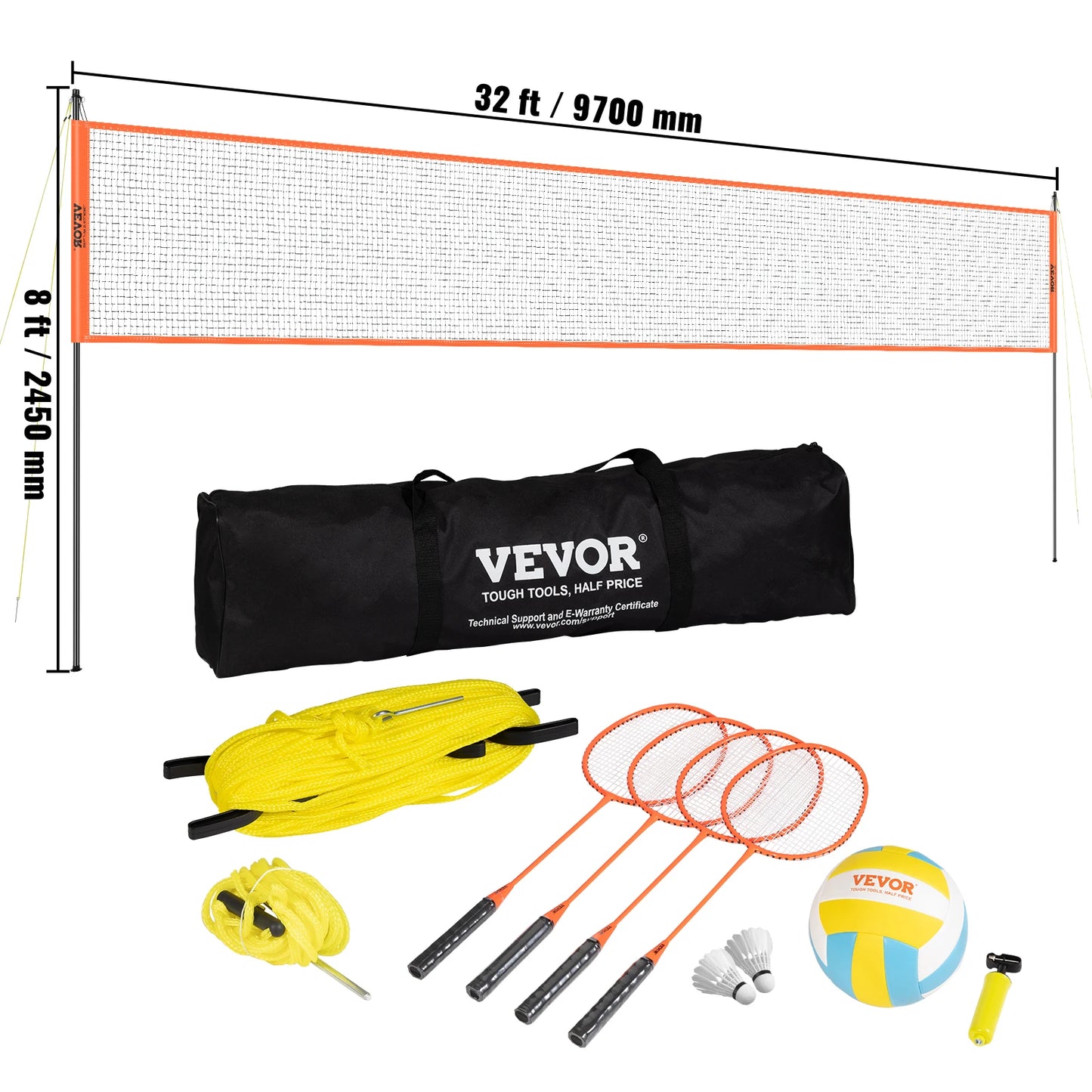 SucceBuy Outdoor Volleyball and Badminton Set Adjustable Steel Poles Professional Set with Carrying Bag for Backyard Beach Lawn