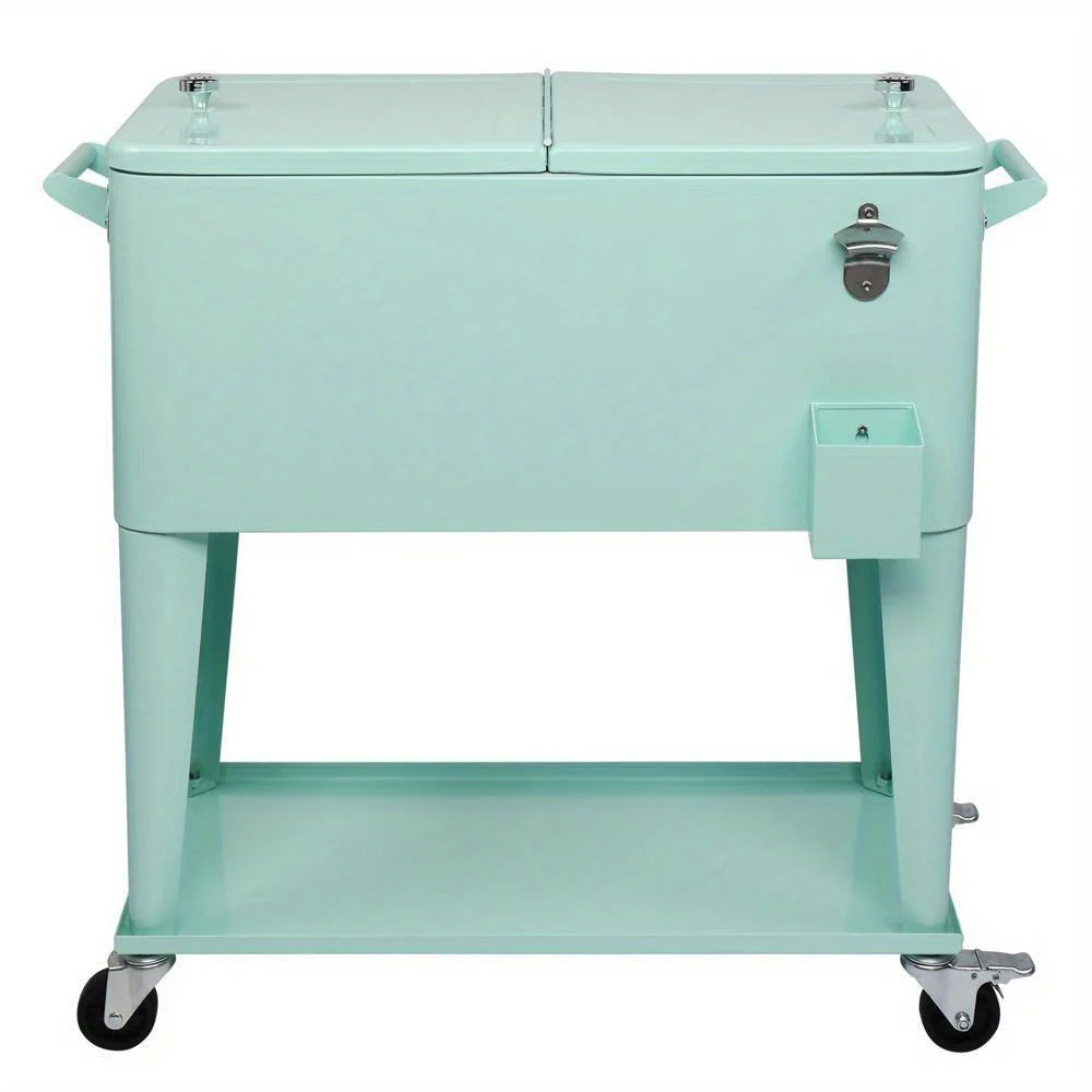 Portable Outdoor 80 Quart Rolling Patio Steel Party Cooler Cart Ice Chest Green
