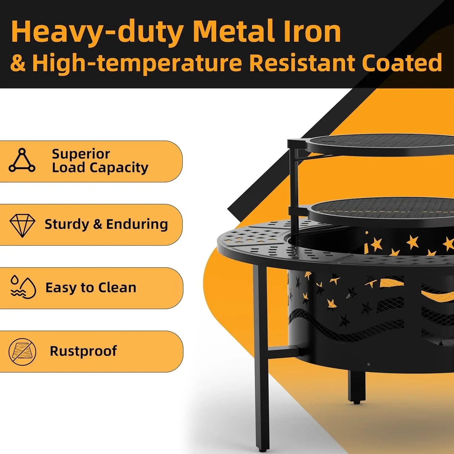 42 Inch Outdoor Fire Pit with Dual Grills Wood Burning Heavy Duty Metal Firepit Large Round with Cover and Poker