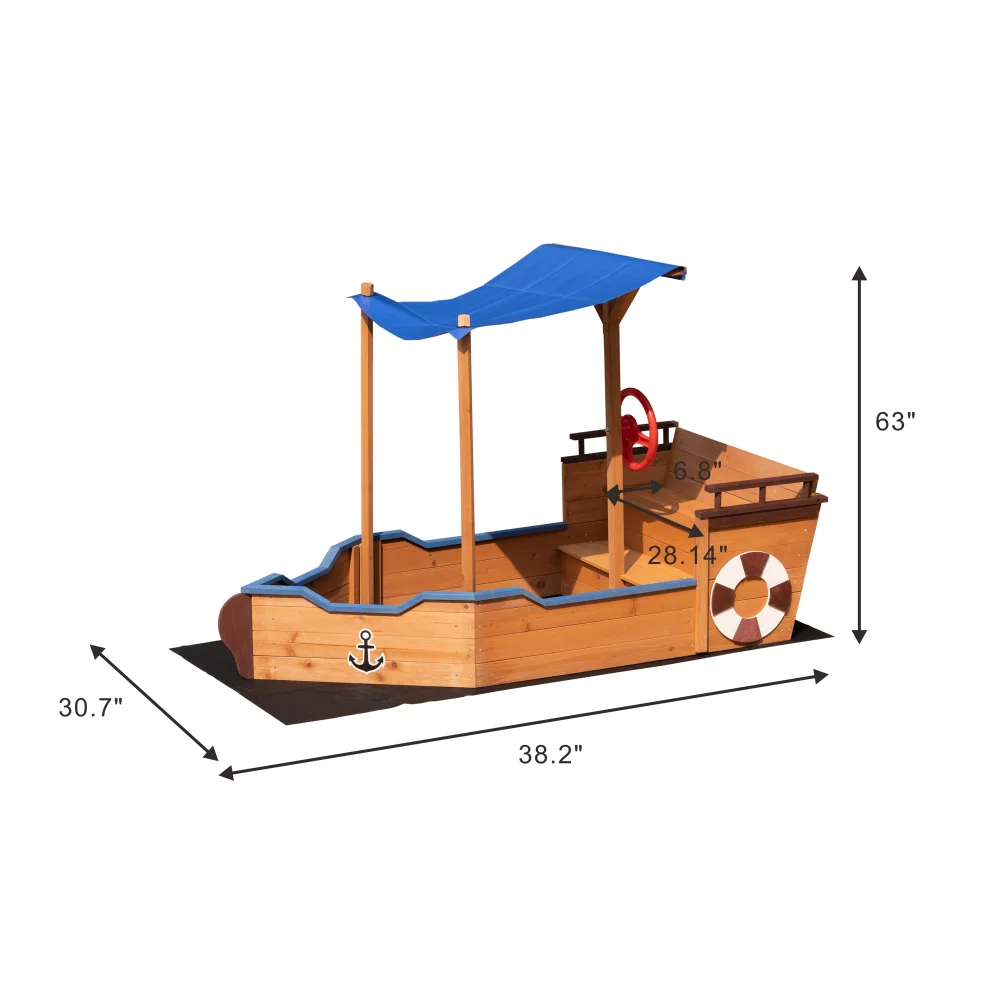Outsunny Pirate Ship Sandbox with Cover and Rudder Wooden Sandbox with Storage Bench and Seat Outdoor Toy for Kids Ages 3 to 8
