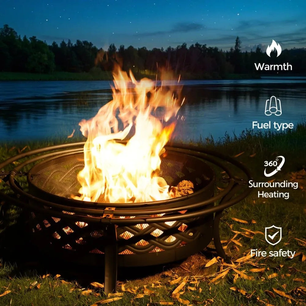 42 Inch Outdoor Wood Burning Fire Pit with Spark Screen and Fire Poker Round Metal Crossweave Design