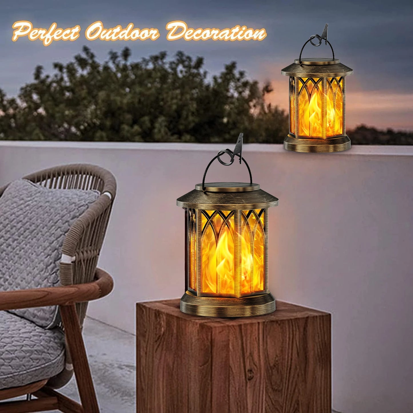 2 Pack Flickering Flame Solar Lanterns For Garden Patio