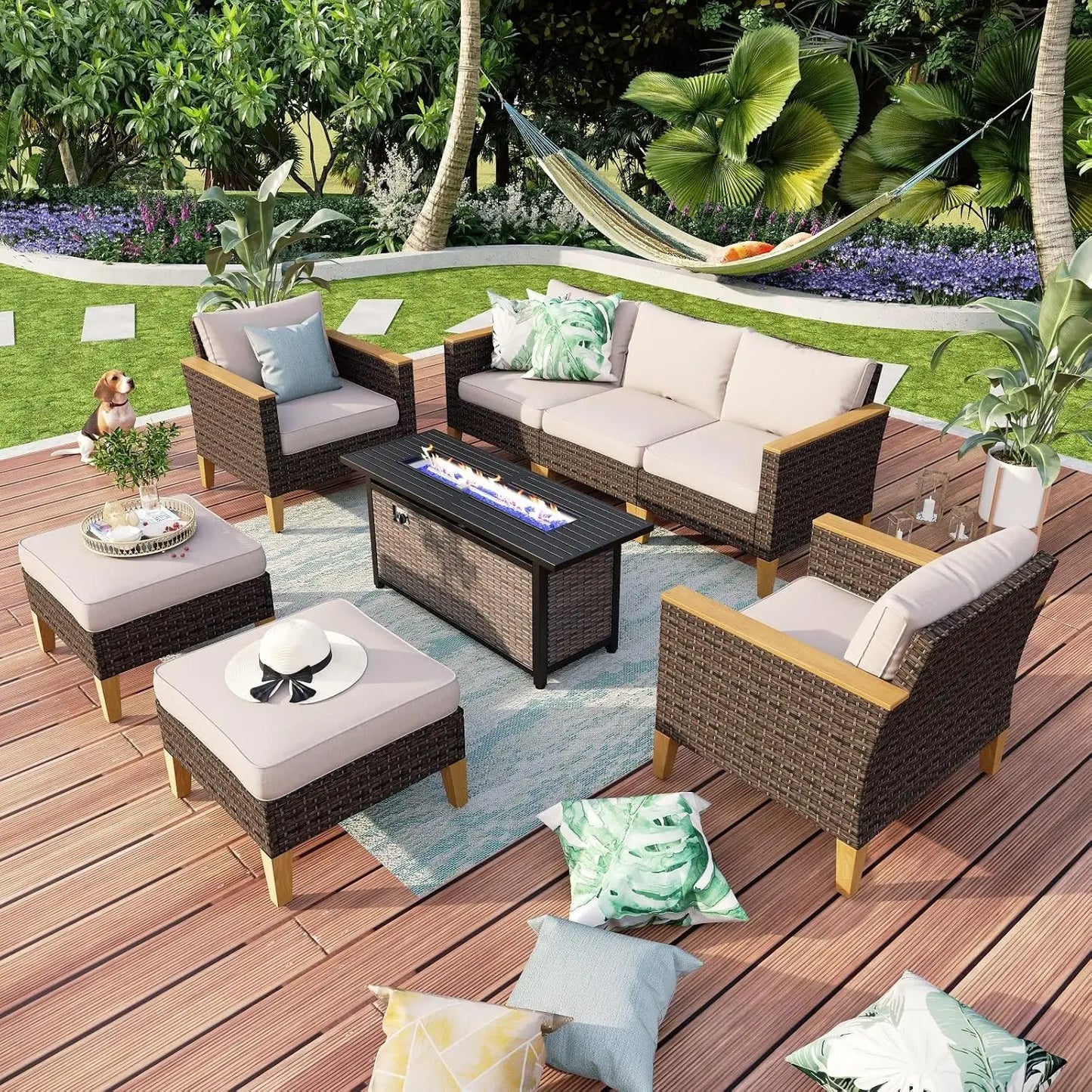 9 Piece Wicker Patio Furniture Set with 56 Inch Fire Pit Table All Weather PE Rattan Sectional Sofa Conversation Set