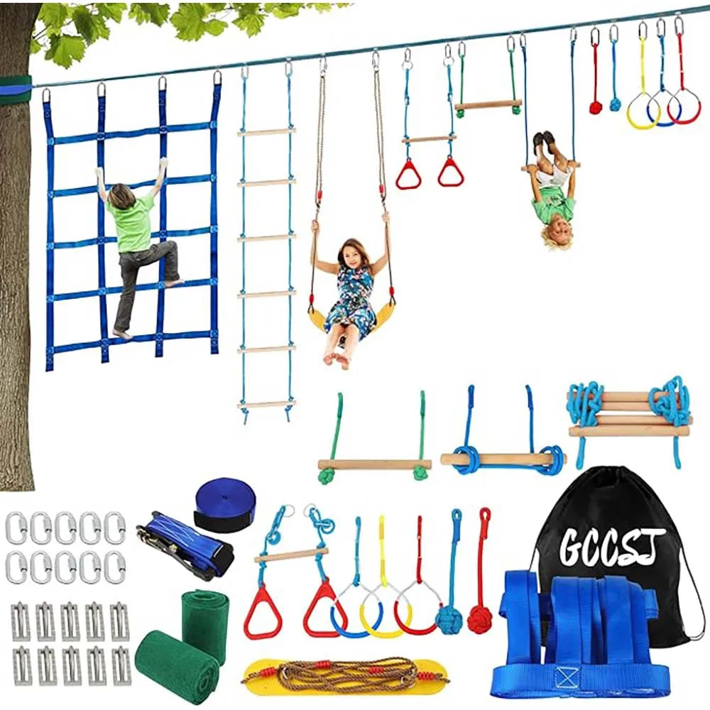 Warrior Obstacle Course For Kids And Adults 65FT Slackline With Tree Climbing Rock Holds Swing Seat Monkey Bars Ring Wheel