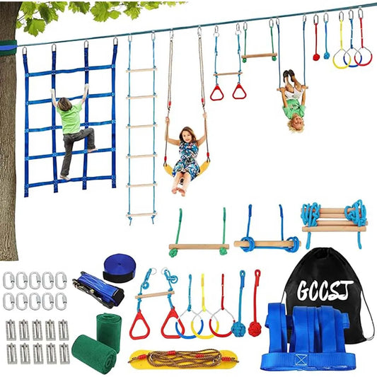 Warrior Obstacle Course For Kids And Adults 65FT Slackline With Tree Climbing Rock Holds Swing Seat Monkey Bars Ring Wheel