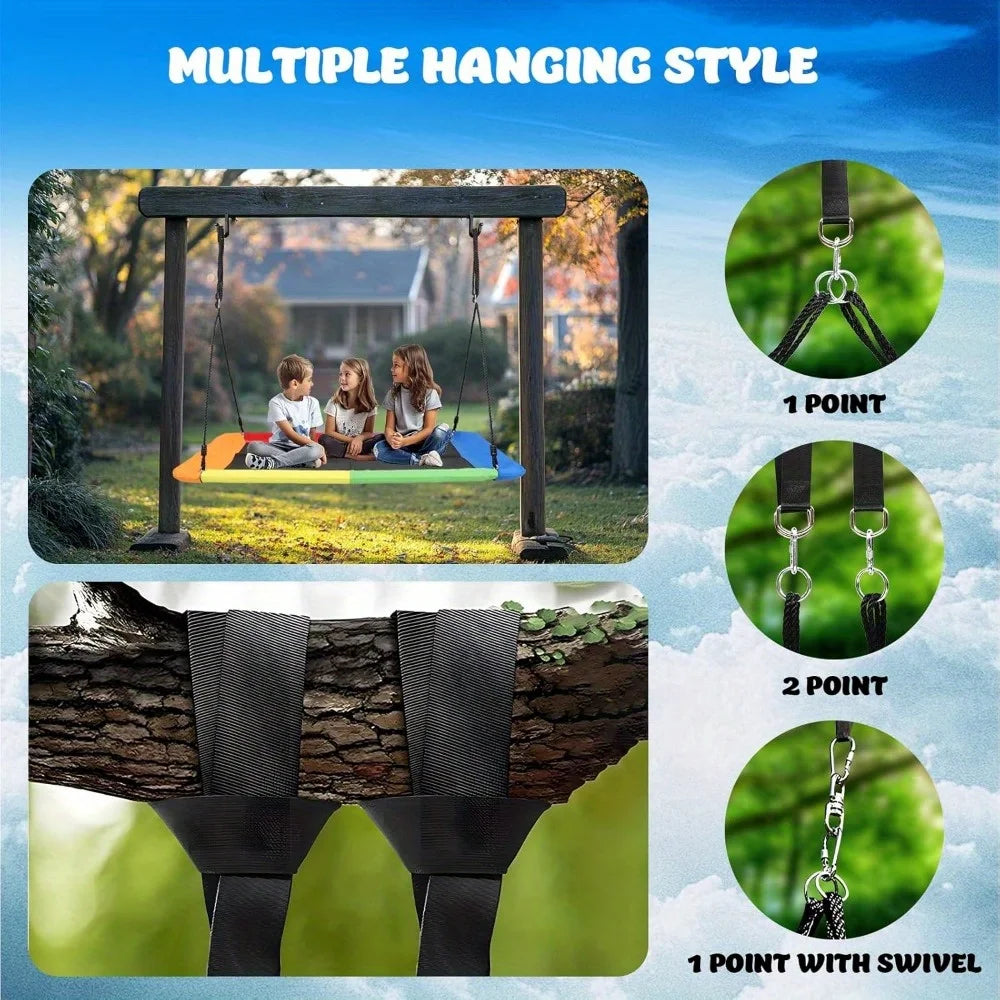 800lb Giant 60 Inch Rectangle Platform Tree Swing for Kids and Adults with 2 Hanging Straps Rainbow