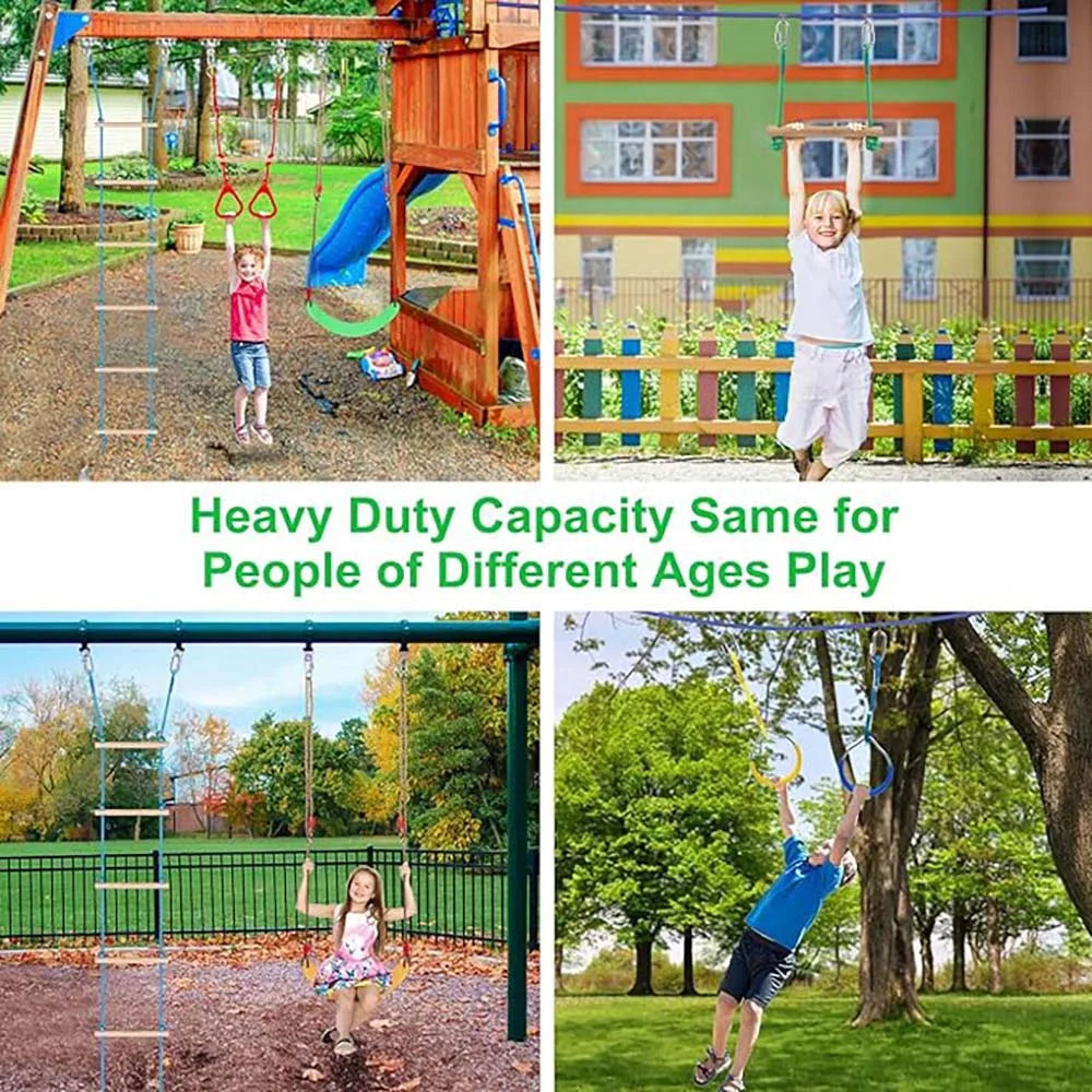 Warrior Obstacle Course For Kids And Adults 65FT Slackline With Tree Climbing Rock Holds Swing Seat Monkey Bars Ring Wheel