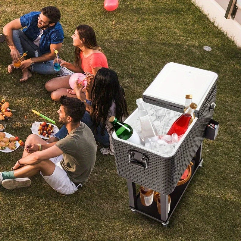 Outdoor Rattan 80QT Party Patio Rolling Cooler Ball Cart Cold Beer Drink Case