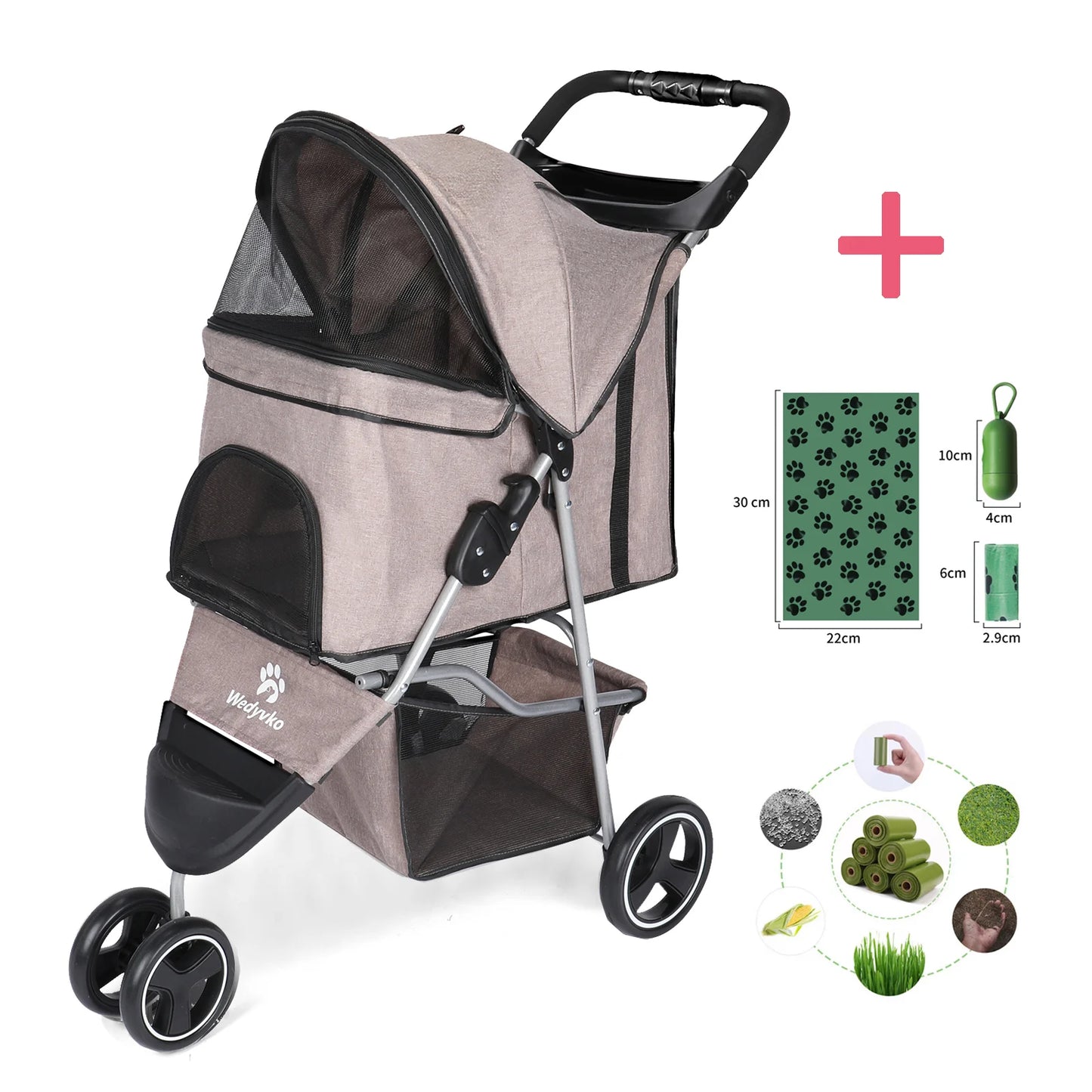 Foldable Pet Stroller With 360 Degree Swivel Wheels Basket