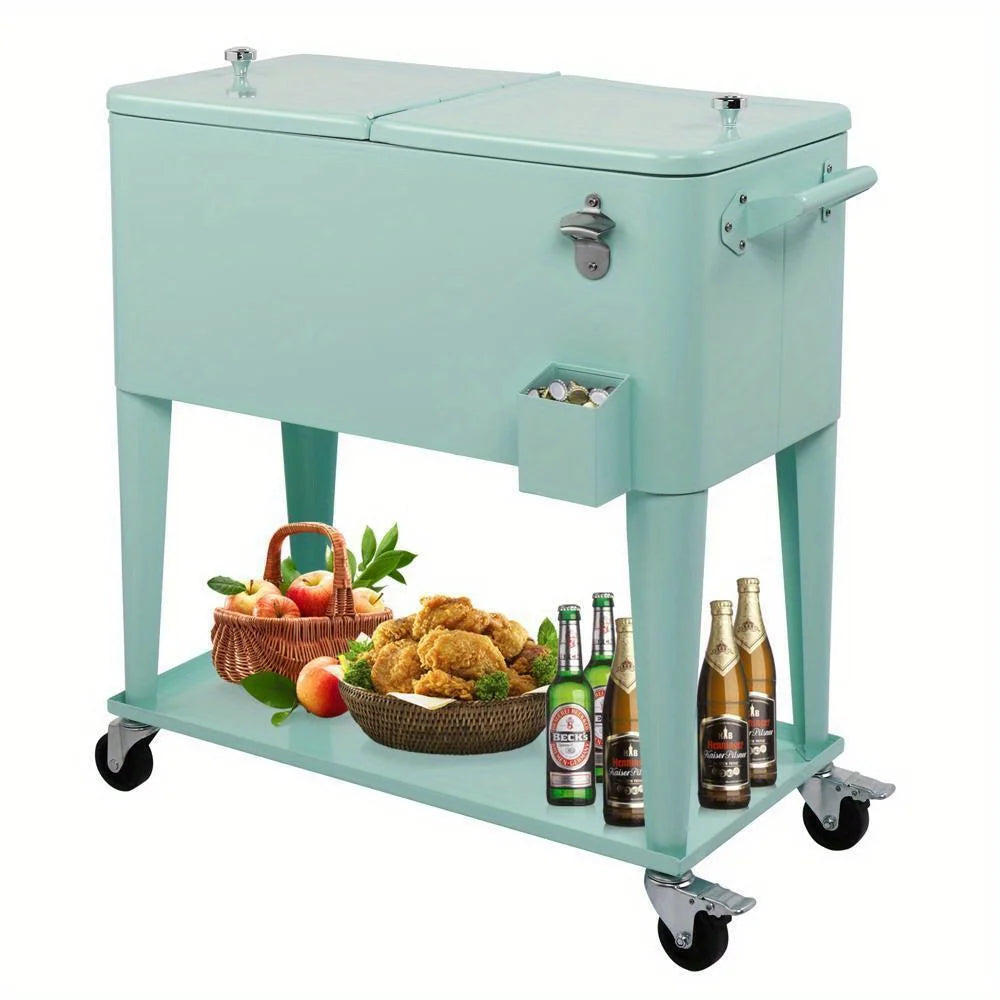 Portable Outdoor 80 Quart Rolling Patio Steel Party Cooler Cart Ice Chest Green