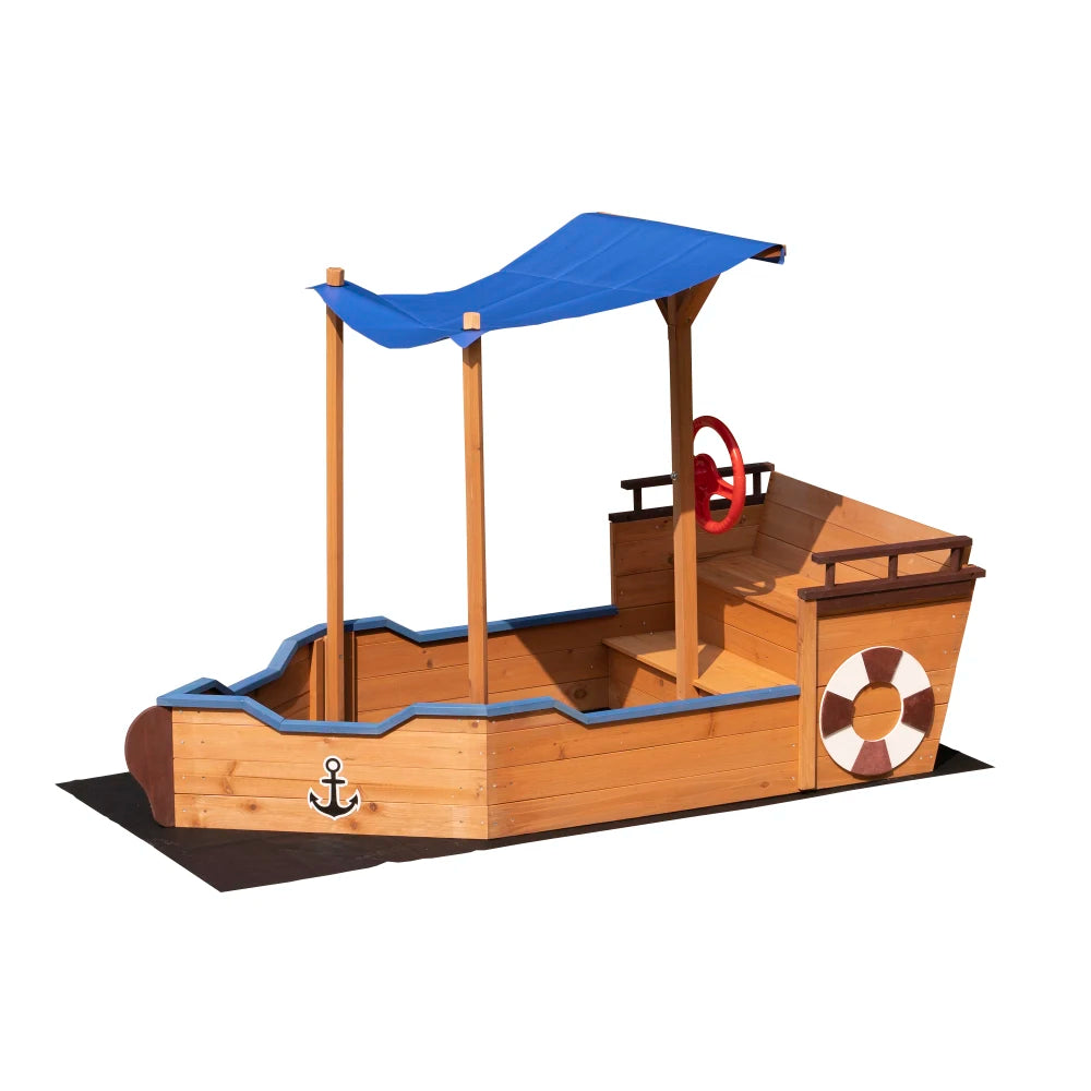 Outsunny Pirate Ship Sandbox with Cover and Rudder Wooden Sandbox with Storage Bench and Seat Outdoor Toy for Kids Ages 3 to 8