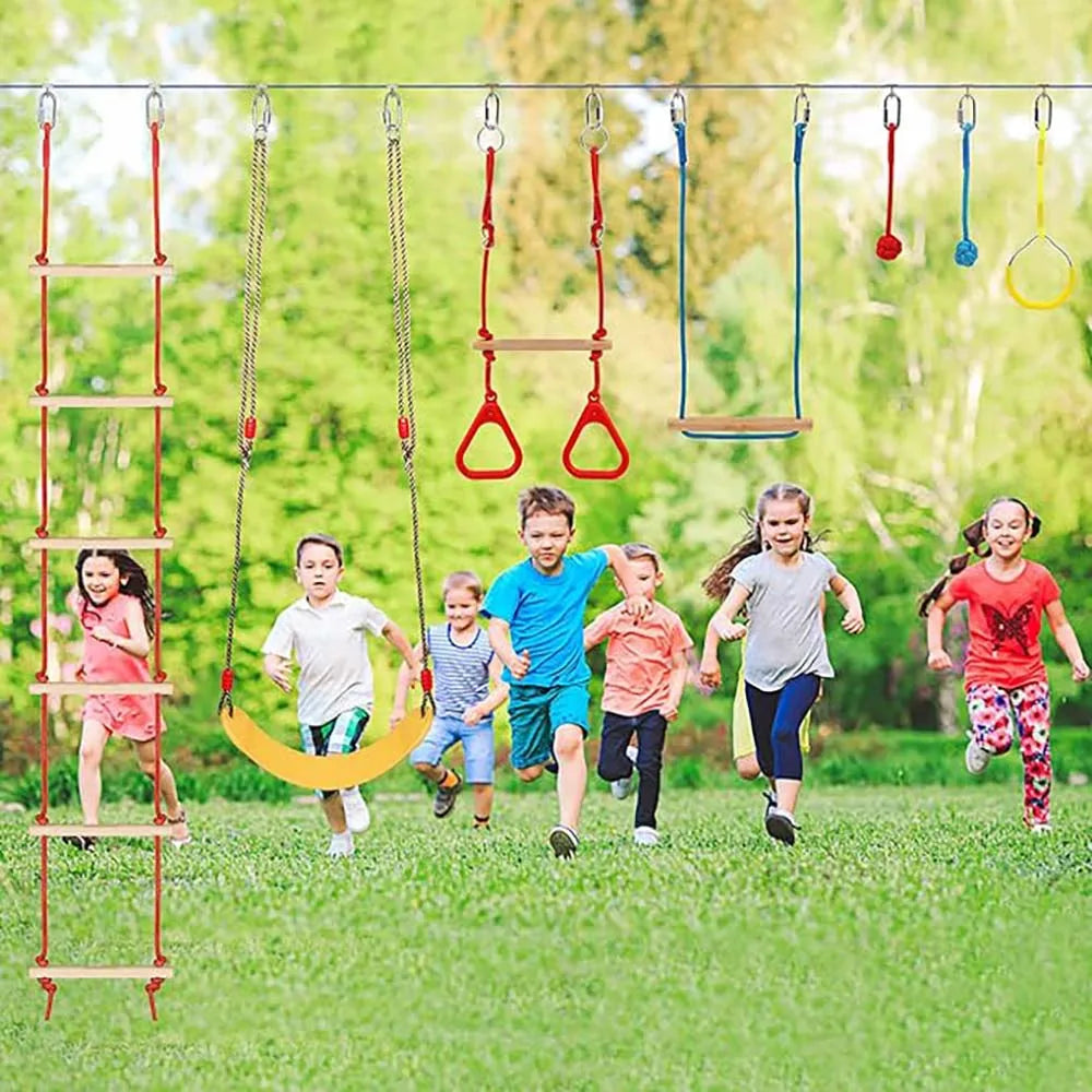 Warrior Obstacle Course For Kids And Adults 65FT Slackline With Tree Climbing Rock Holds Swing Seat Monkey Bars Ring Wheel