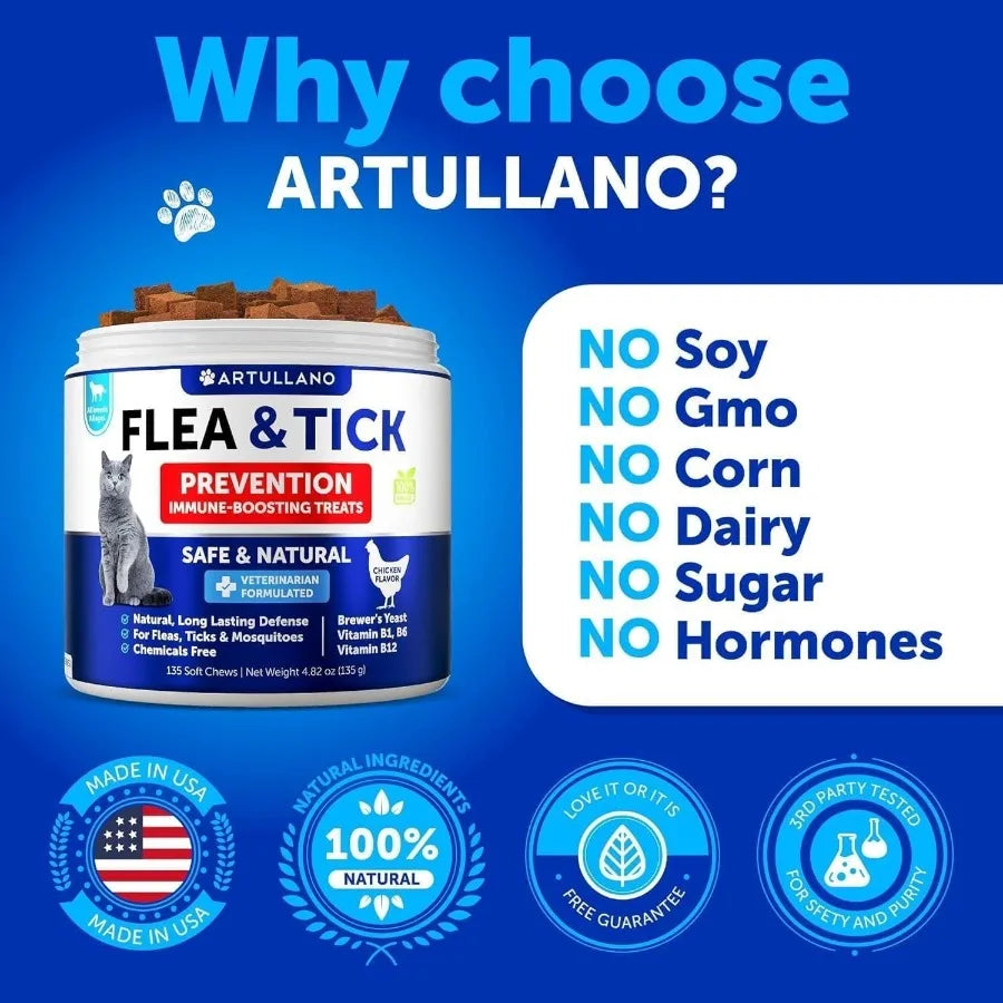 Natural Flea Treatment for Cats and Kittens Chewable Daily Oral Pills with Vitamins Flea and Tick Prevention Supplement
