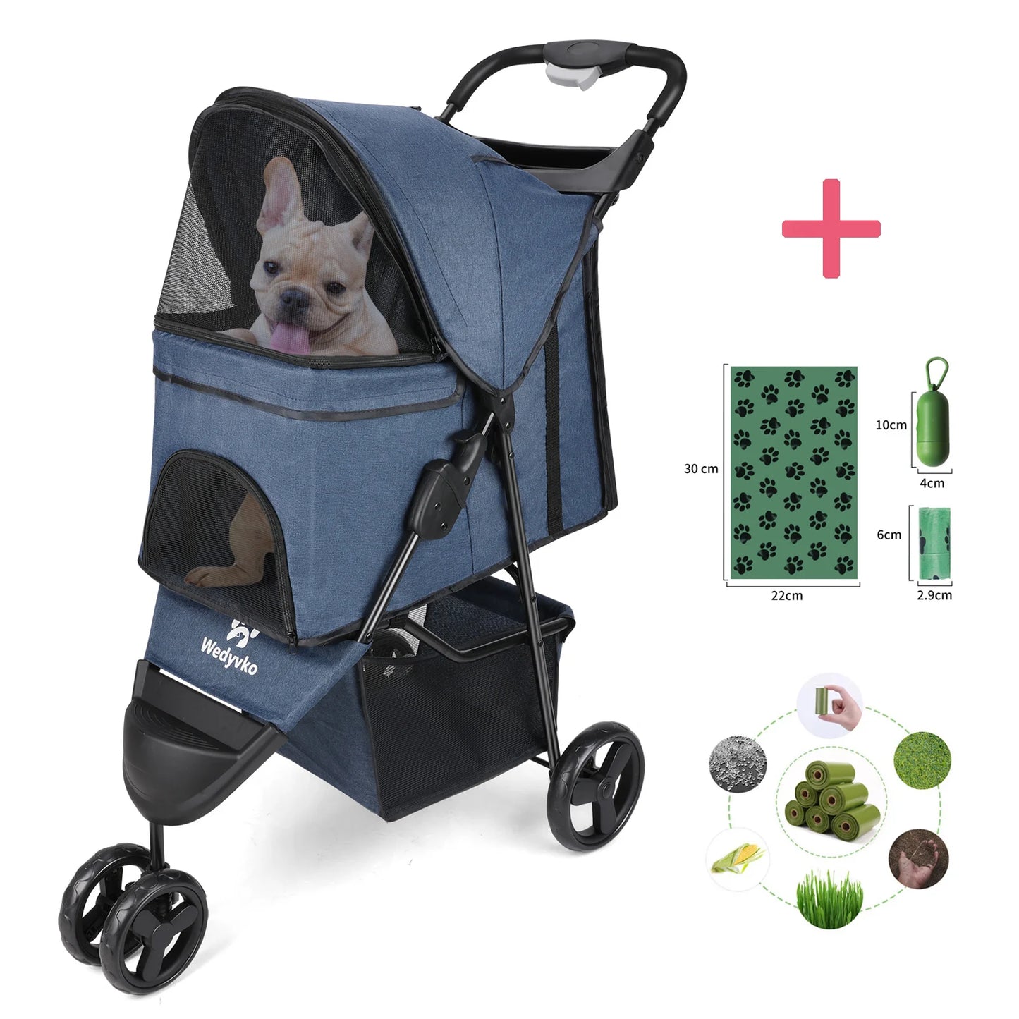 Foldable Pet Stroller With 360 Degree Swivel Wheels Basket