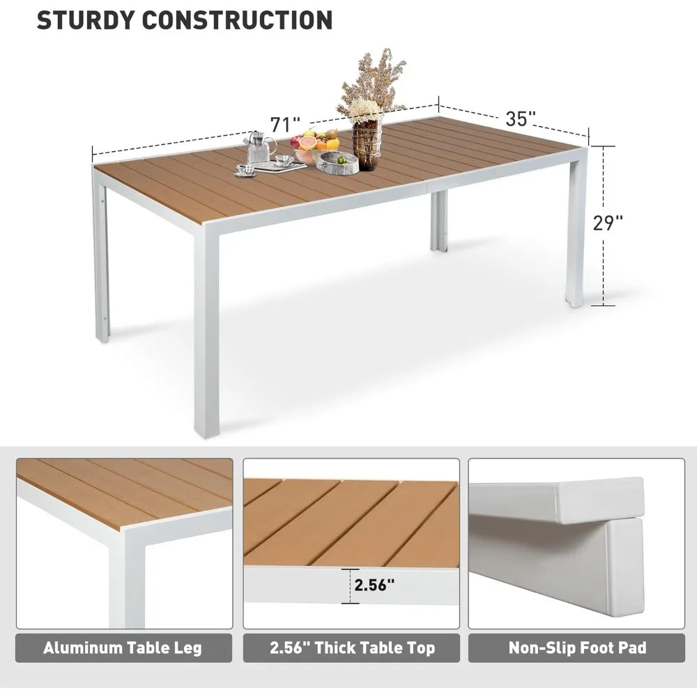 Outdoor Dining Table for 8 Person 71 Inch Aluminum Patio Dining Table with Adjustable Umbrella Hole Slat Rectangle Table Brown and White
