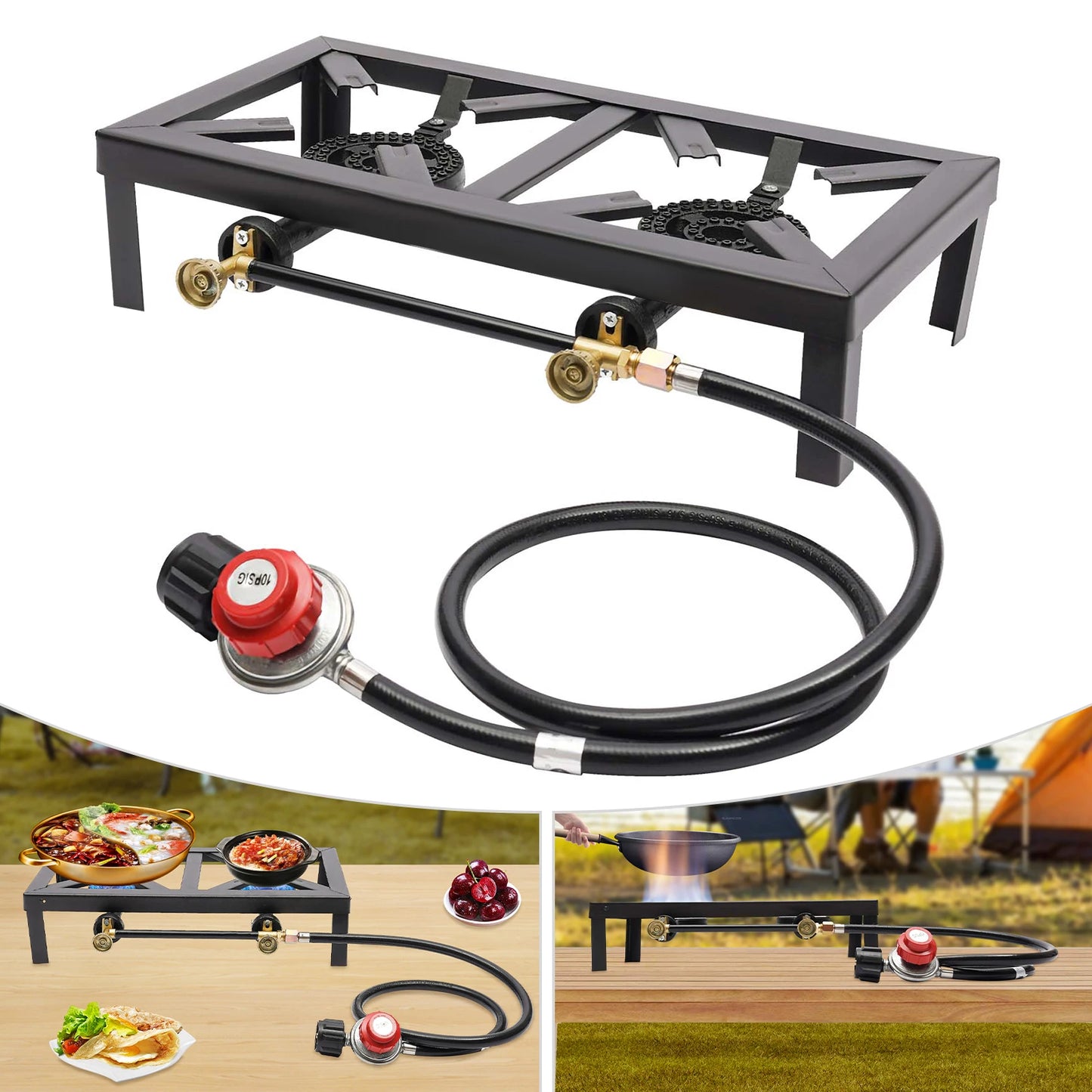 Portable Camping Gas Stove Double Burner Outdoor BBQ Propane Cooker with Adjustable Regulator and Hose