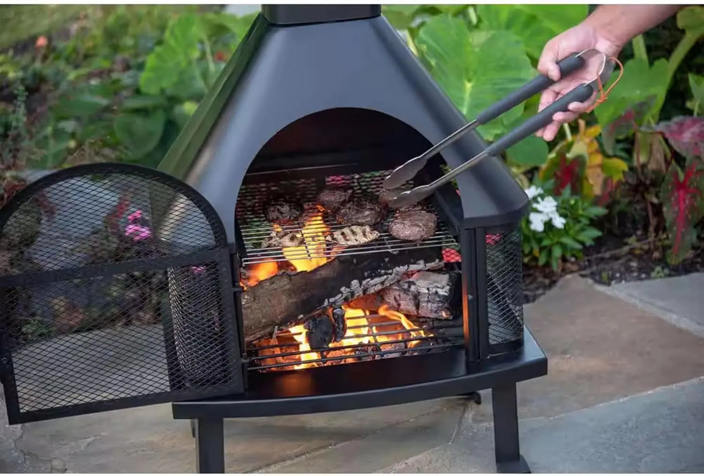 Wood Burning Fireplace Outdoor Steel Chimney Rectangular Fire Bowl for Backyard Patio Deck Bonfire Heating Black