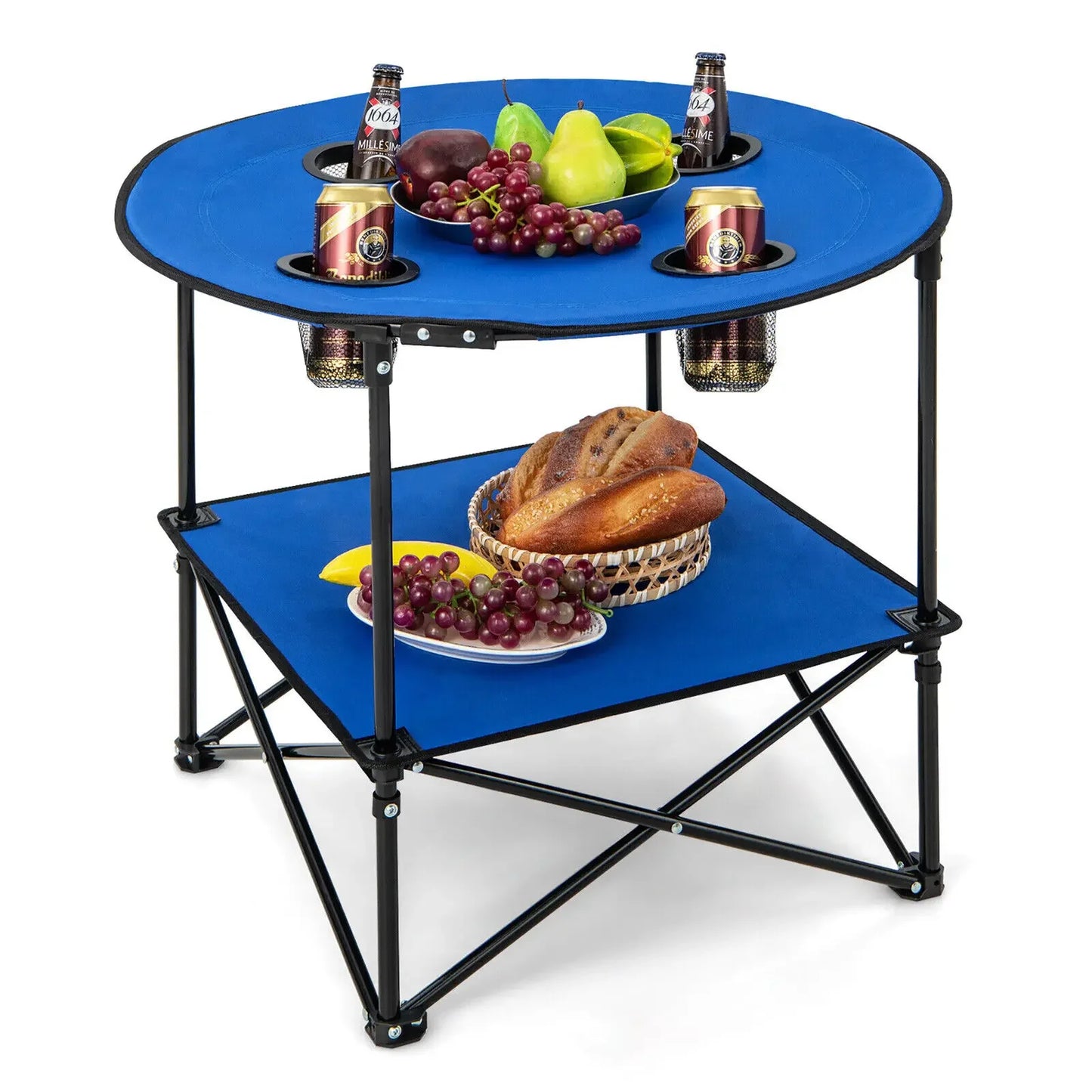 2-Tier Foldable Camping Table with Carrying Bag and 4 Cup Holders for BBQ and Outdoor Use