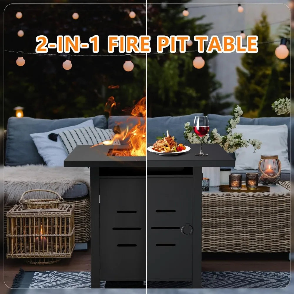 28 Inch 2 In 1 Propane Fire Pit Table 50000 BTU Gas Fire Pit with Lid and Lava Rock Outdoor Patio Fire Table
