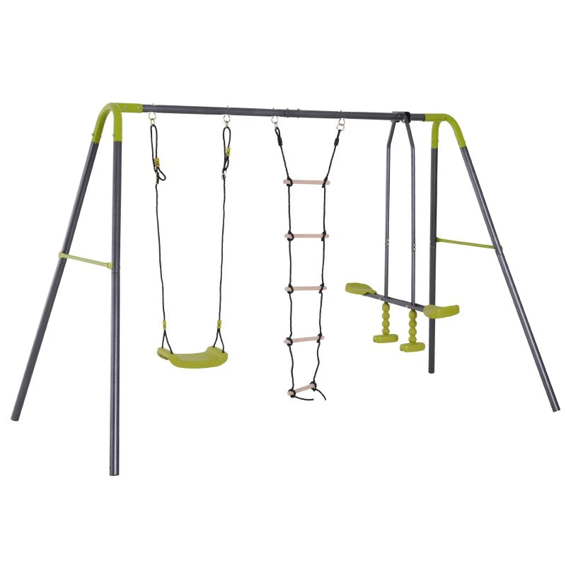 3 In 1 Kids Metal Swing Set For Backyard With Swing Seat Glider And Climbing Ladder Heavy Duty Metal Frame For 4 Children
