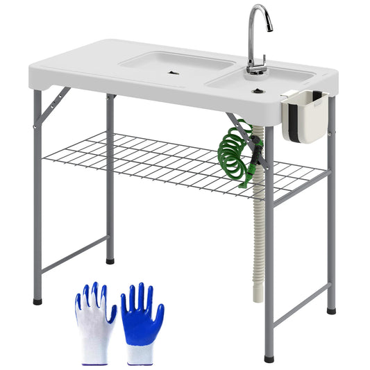 Folding Fish Cleaning Table with Sink and Faucet Outdoor Camping Table White