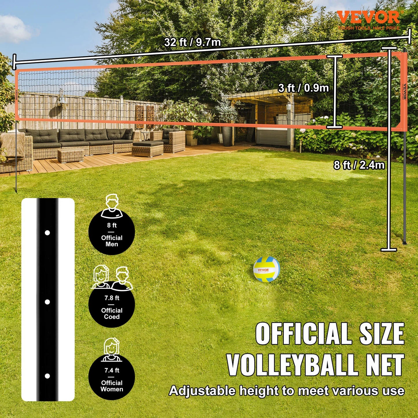 VEVOR 1.25 to 1.75 Inch Outdoor Portable Volleyball Net System Adjustable Height Aluminum Poles Volleyball Set with Pump and Carrying Bag