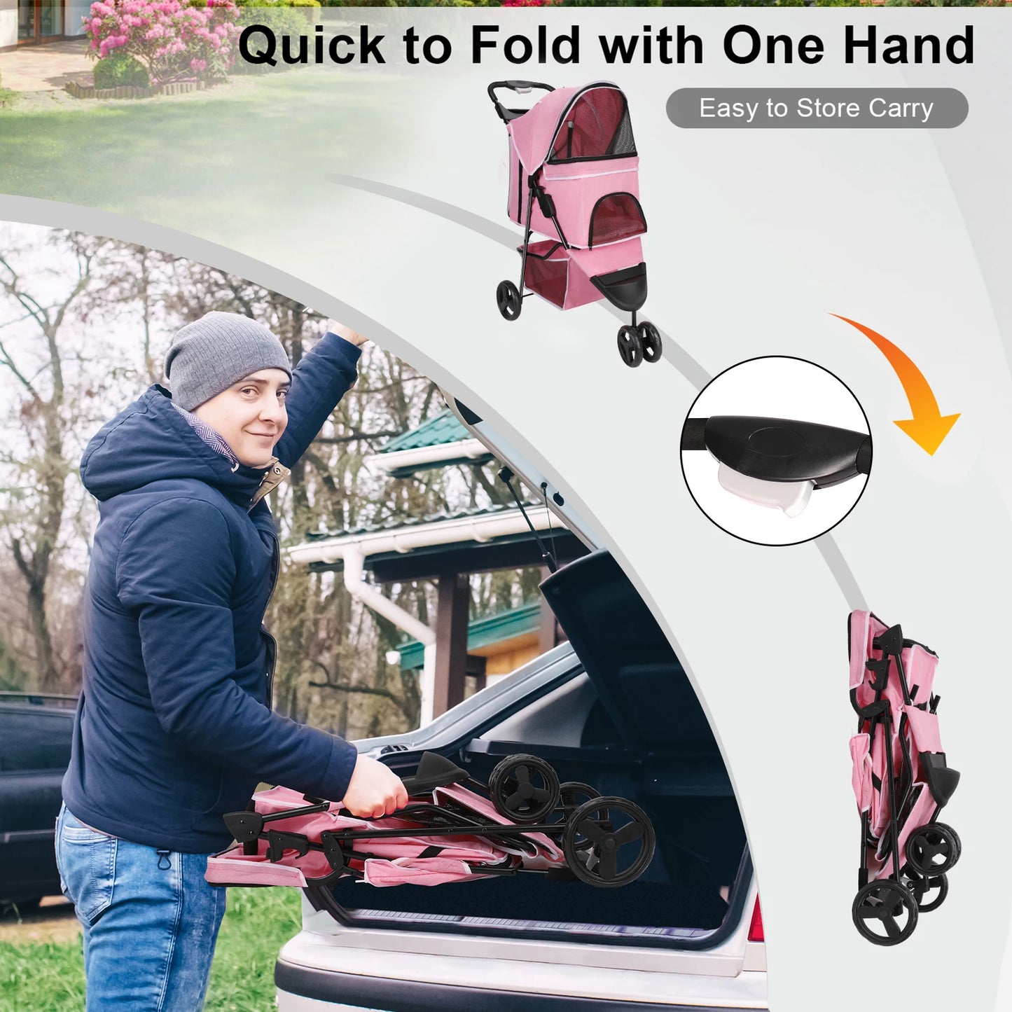 Foldable Pet Stroller With 360 Degree Swivel Wheels Basket