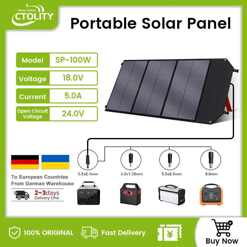 Ctolity 100W 18V Portable Foldable Flexible Monocrystalline Solar Panel Charger for Camping Outdoor Travel