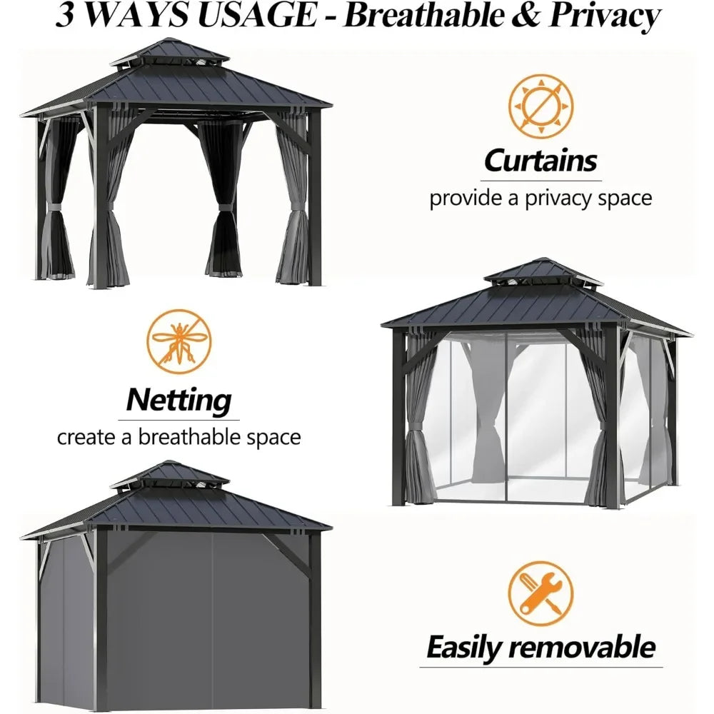 Outdoor Hardtop Gazebo Double Roof Aluminum Steel Netting