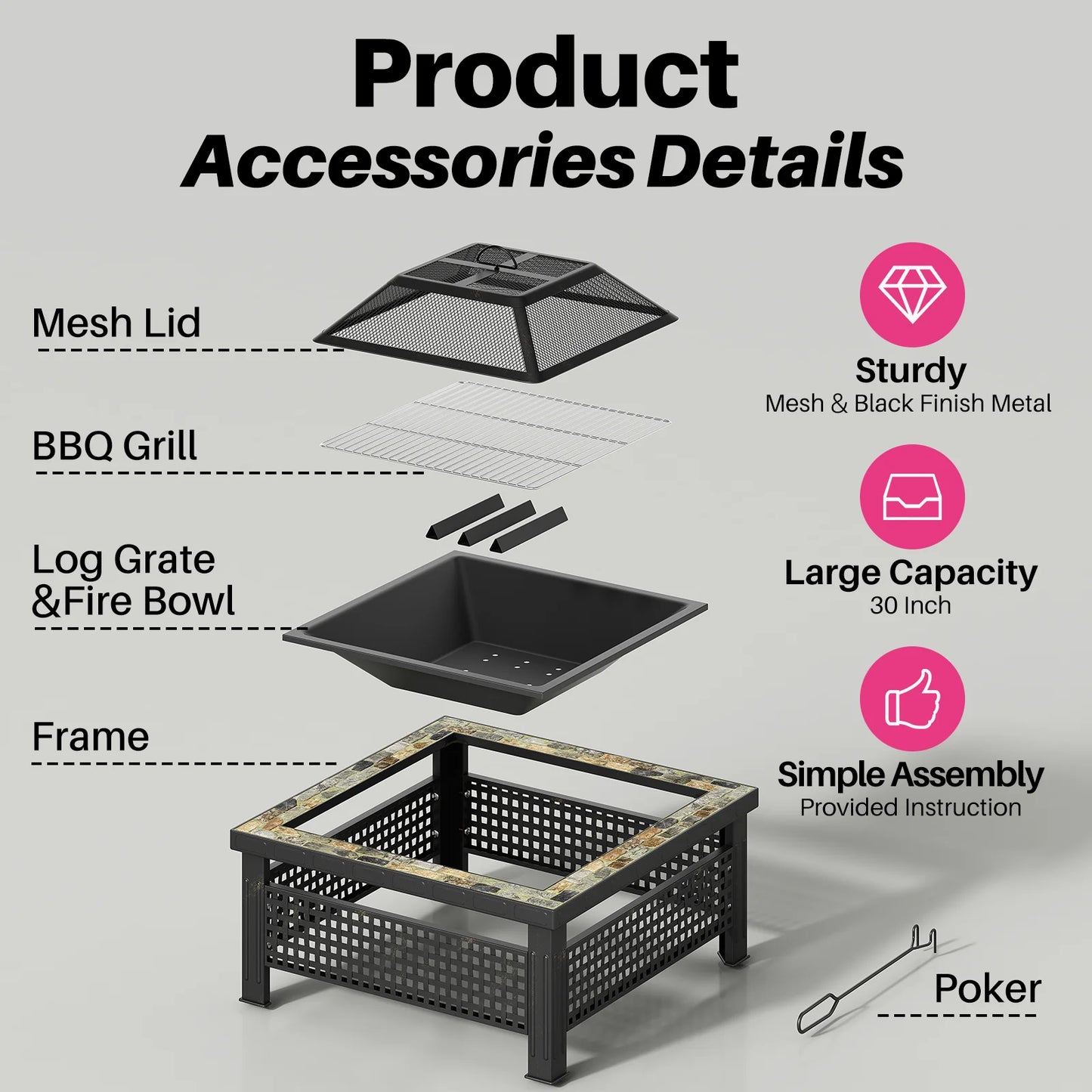 30 Inch Square Outdoor Fire Pit Fireplace Table with Mesh Lid and Fire Poker 3 in 1 Multipurpose Firepits for Yard Garden Patio