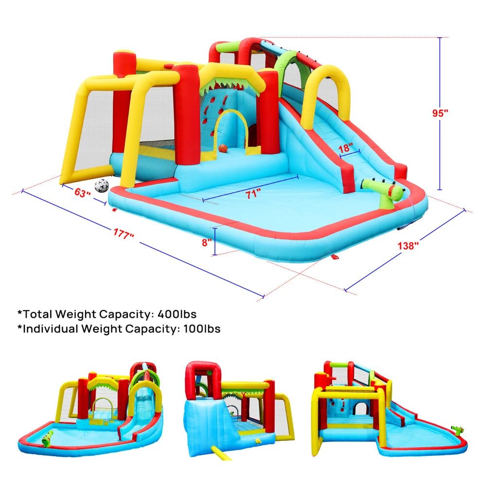 7 In 1 Inflatable Slide Water Park Bouncing House Outdoor Soccer Garden Bouncer With Splash Pool Water Gun Climbing Wall