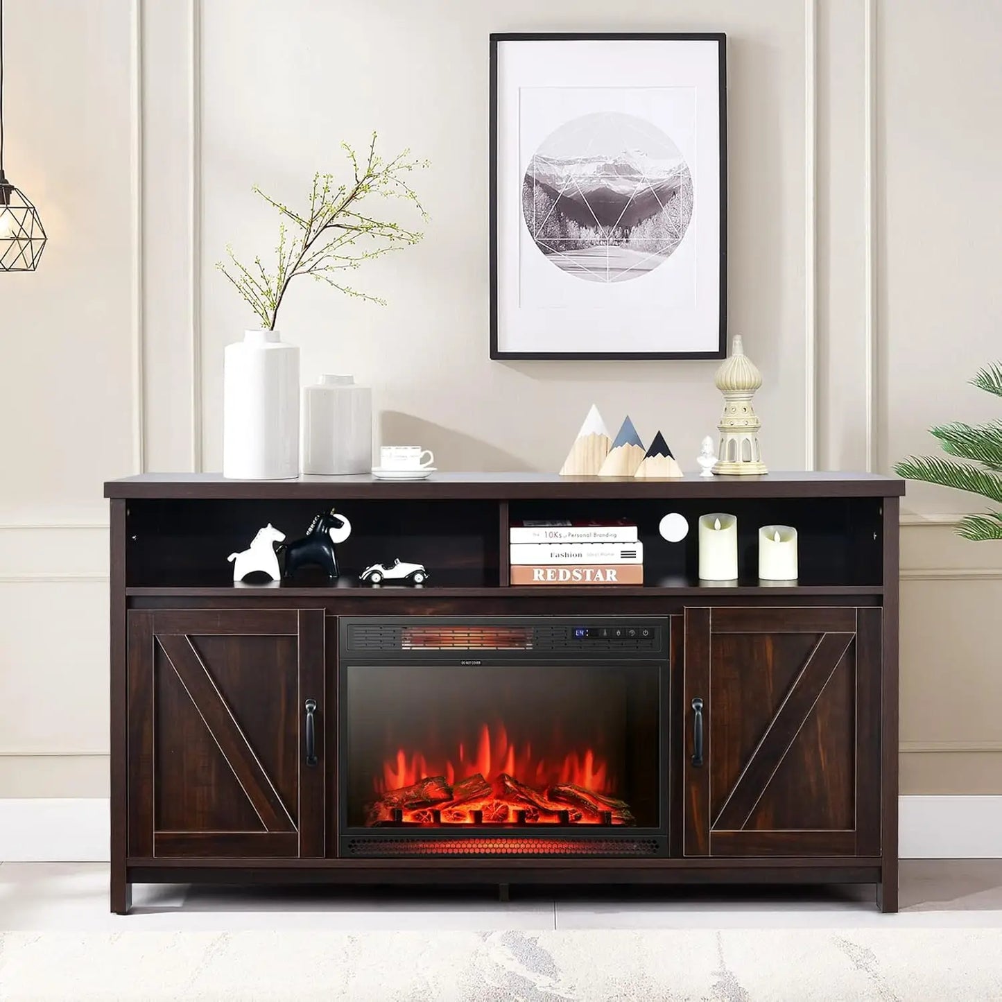 Electric Fireplace TV Stand with 25 Inch 1350W Recessed Faux Fireplace 3 Flame Settings 4 Brightness Remote Control