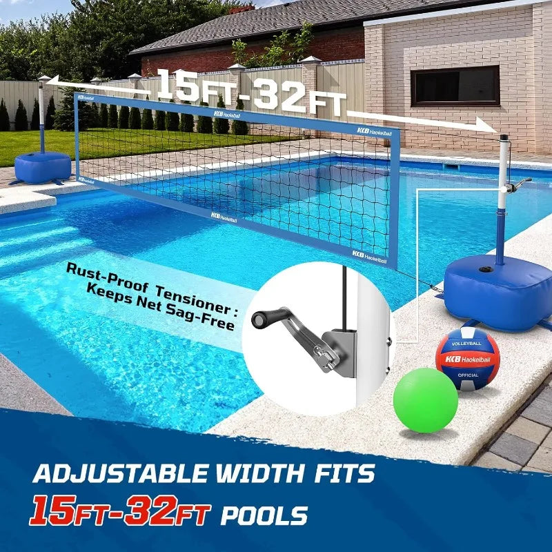 Pool Volleyball Net Set with Adjustable Length and Height LED Lights Two Volleyballs Regular and Glow in The Dark