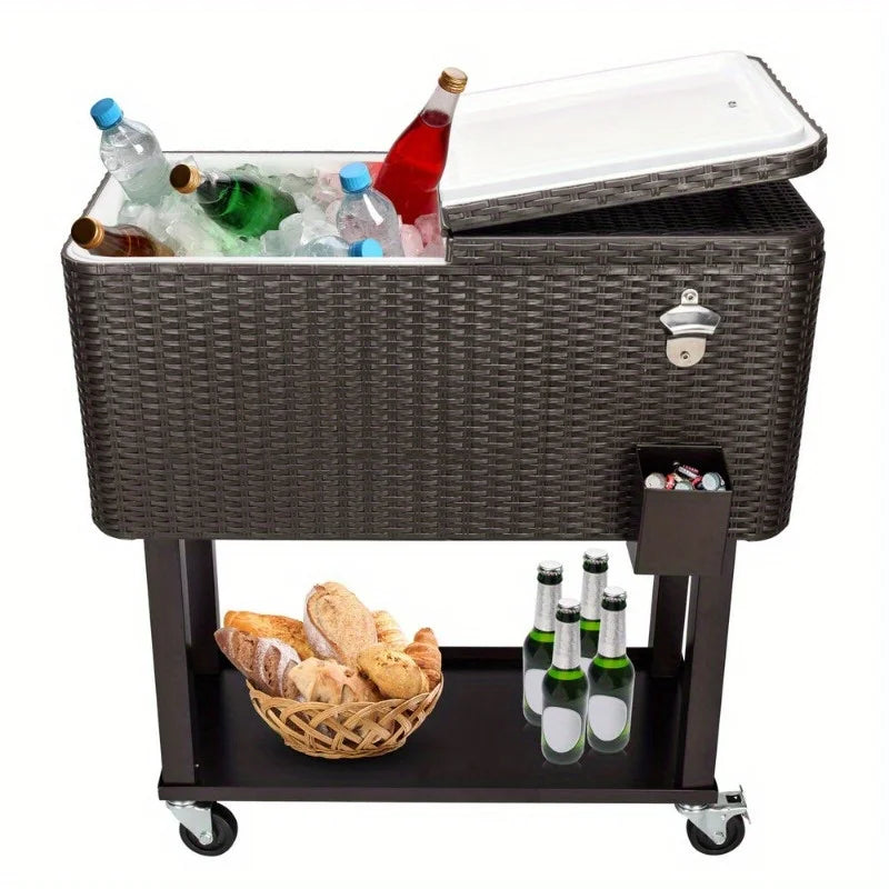 Outdoor Rattan 80QT Party Patio Rolling Cooler Ball Cart Cold Beer Drink Case