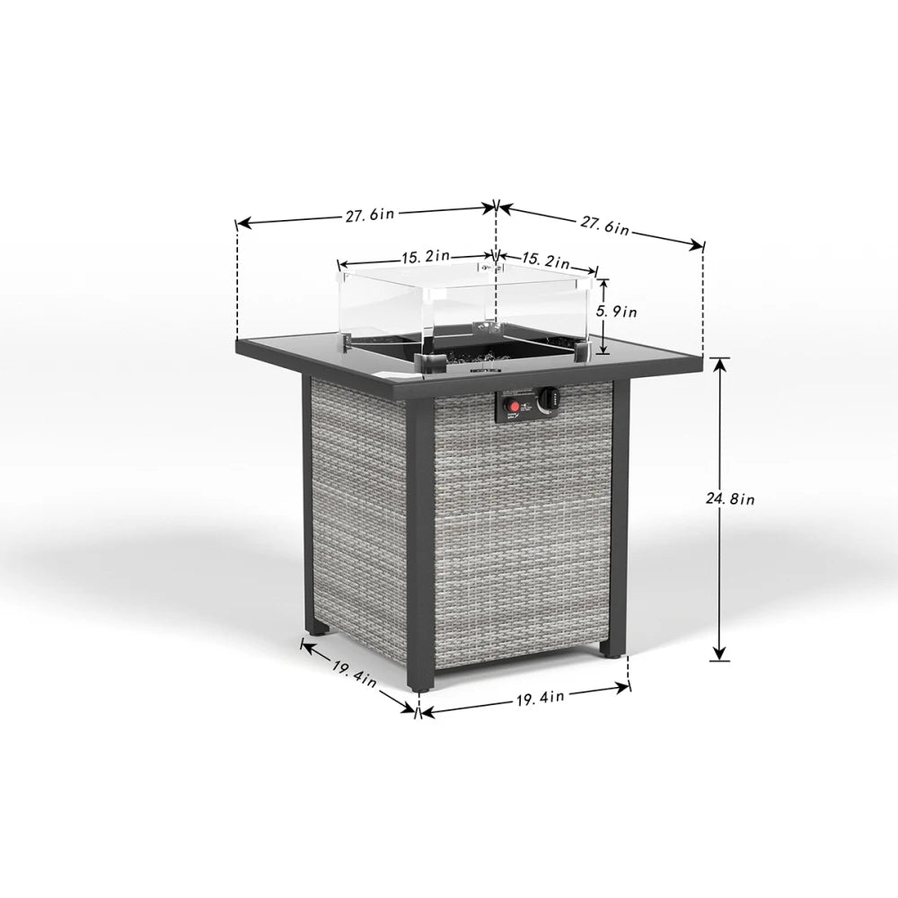 28 Inch Propane Fire Pit Table Rattan Wicker Look 50000 BTU Gas Firepits Tempered Glass Tabletop with Glass Windscreen