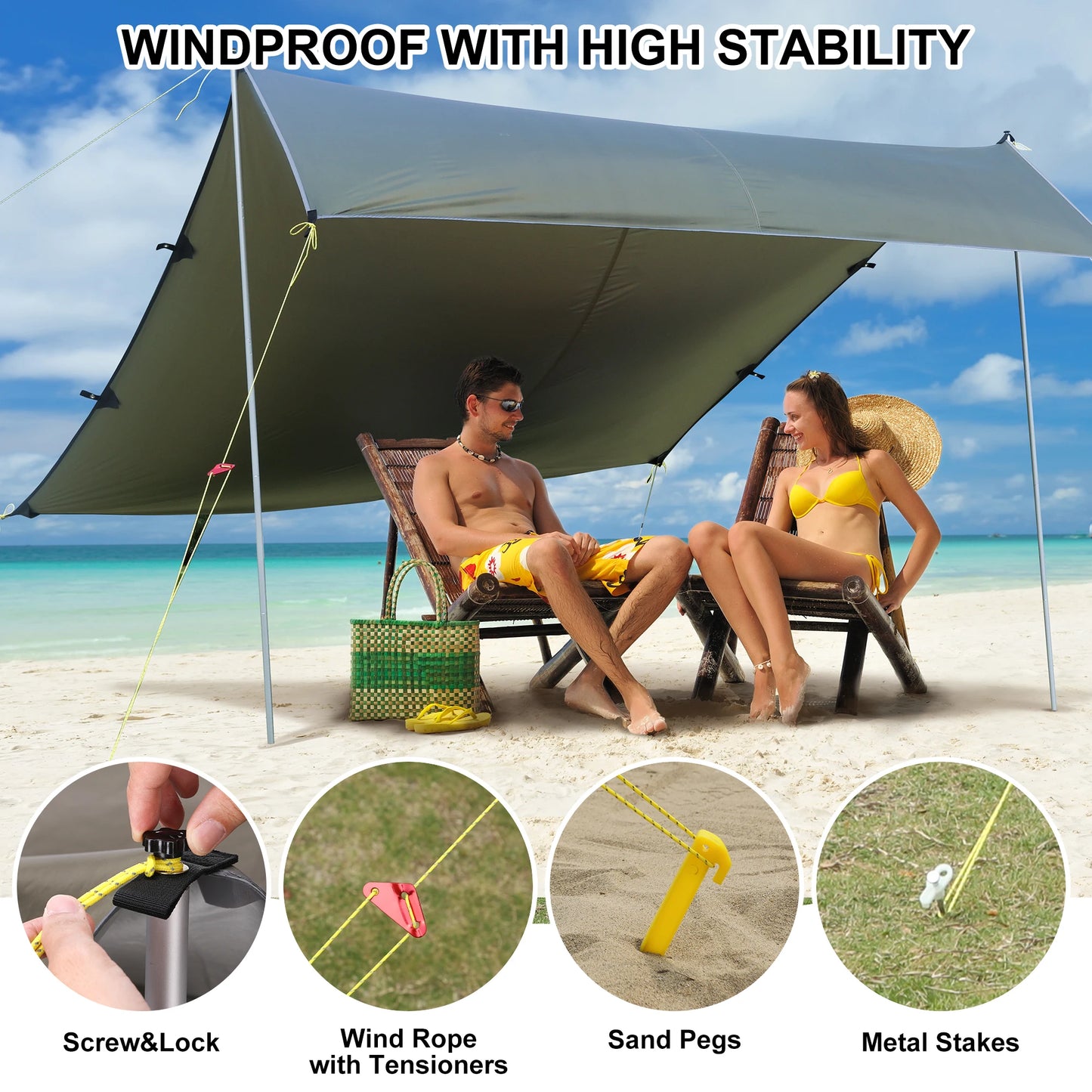Beach Tent Sun Shelter UPF50 Waterproof With Aluminum Poles