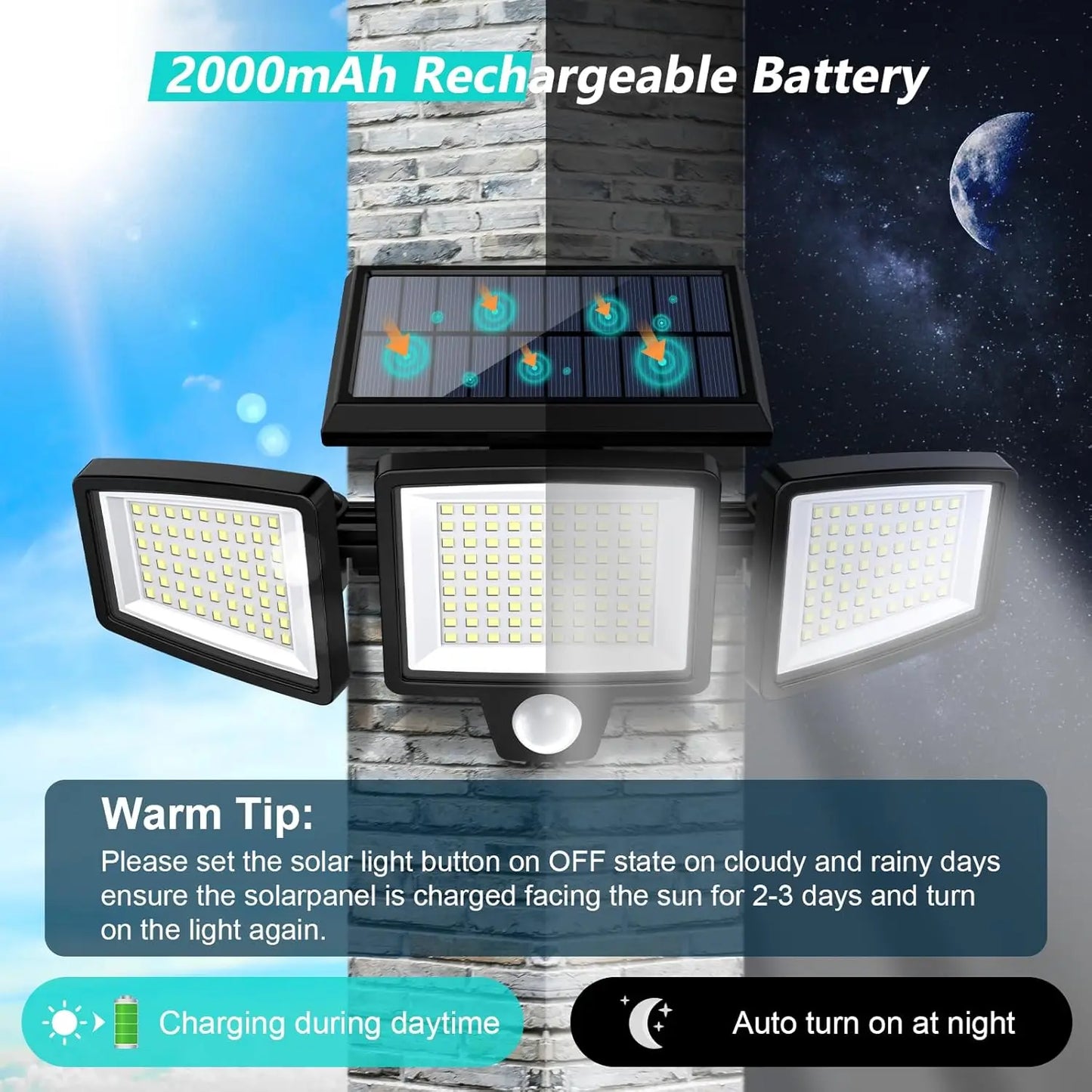 IP65 Waterproof Triple Head Solar Motion Light 210LED