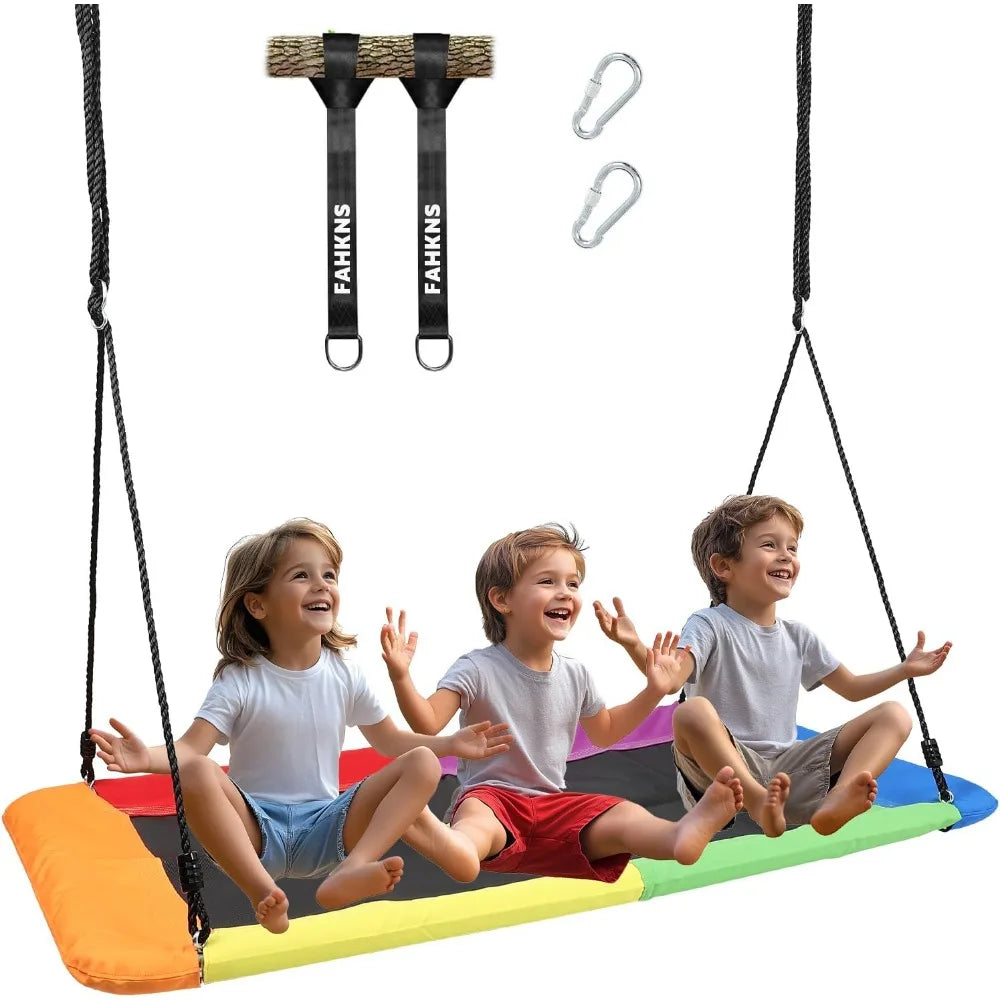800lb Giant 60 Inch Rectangle Platform Tree Swing for Kids and Adults with 2 Hanging Straps Rainbow
