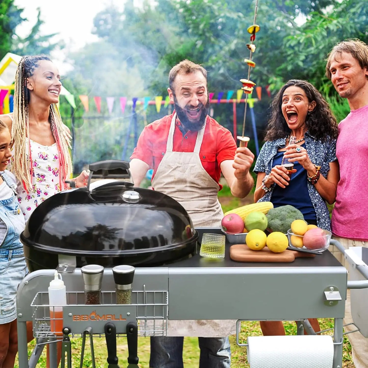Grill Table Stand Cart for Weber 22 Inch and 18 Inch Original Kettle Jumbo Joe and Master Touch Charcoal Grill Outdoor Prep Table Cooking Station